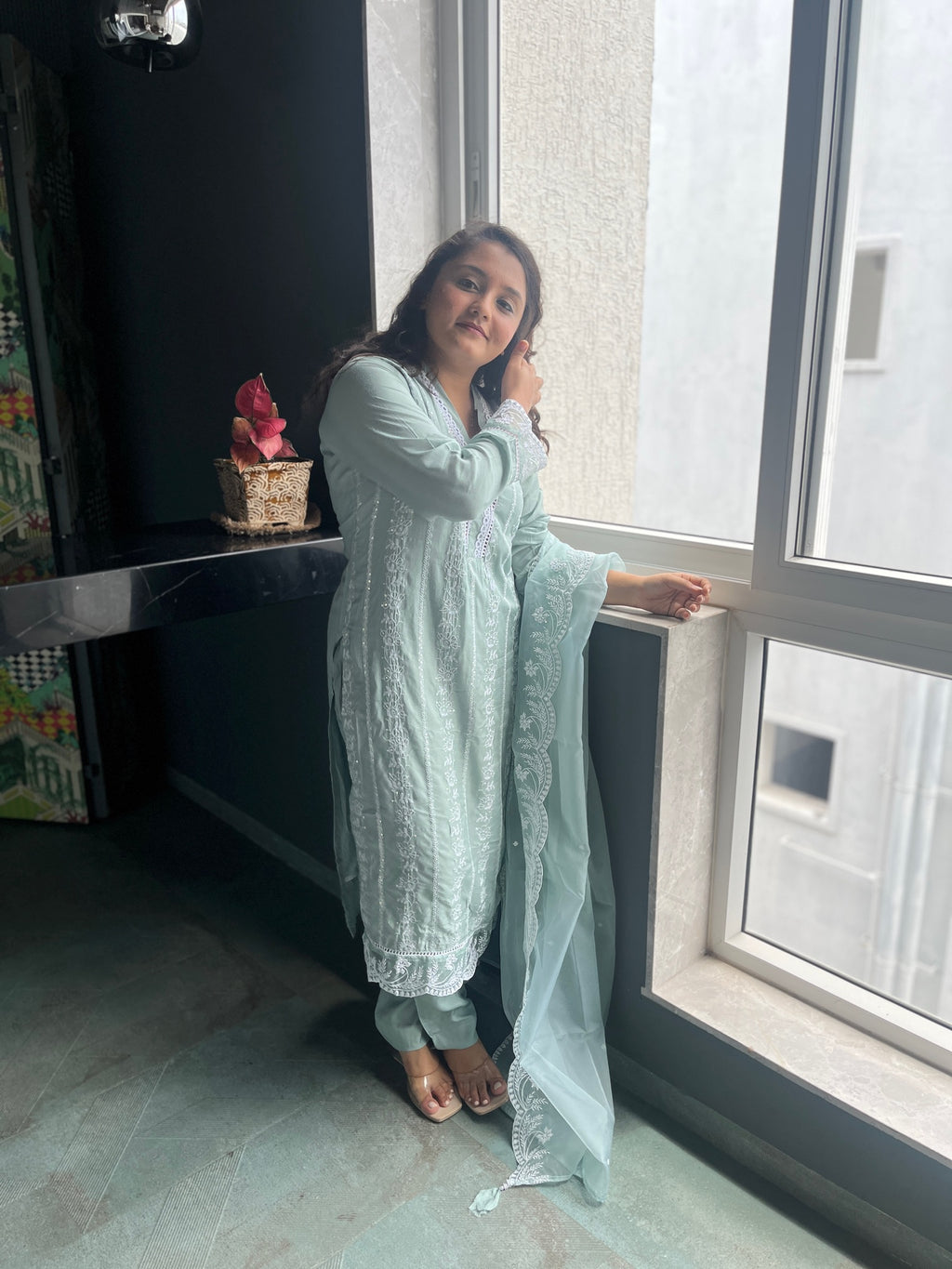 Mint Green Chikankari-Style Georgette Suit Set