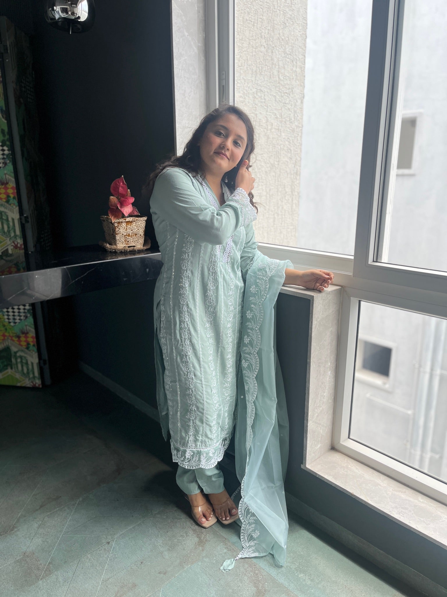 Mint Green Chikankari-Style Georgette Suit Set