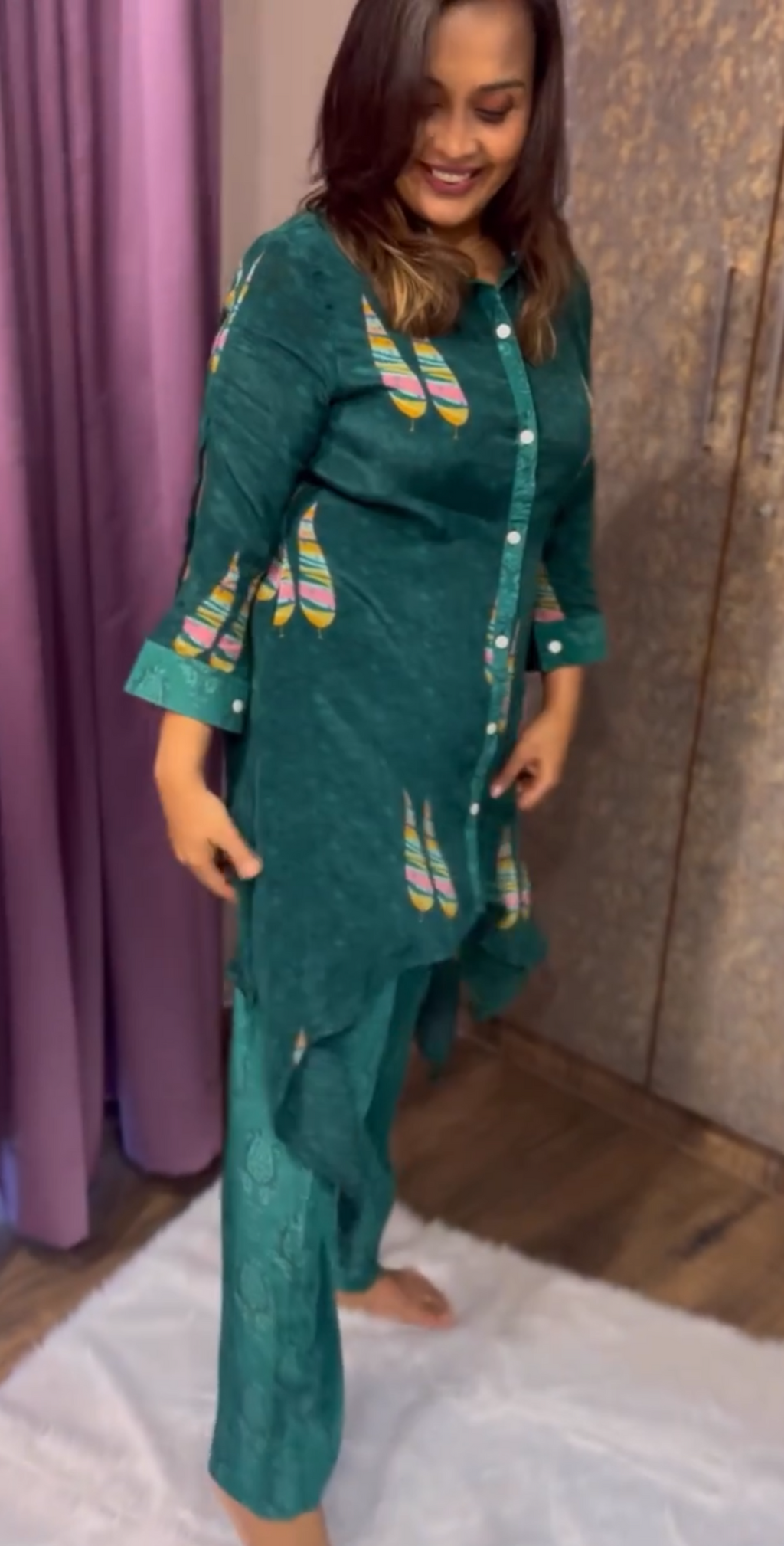 Green Printed Tie-Up Coord Set with Slit Sleeves