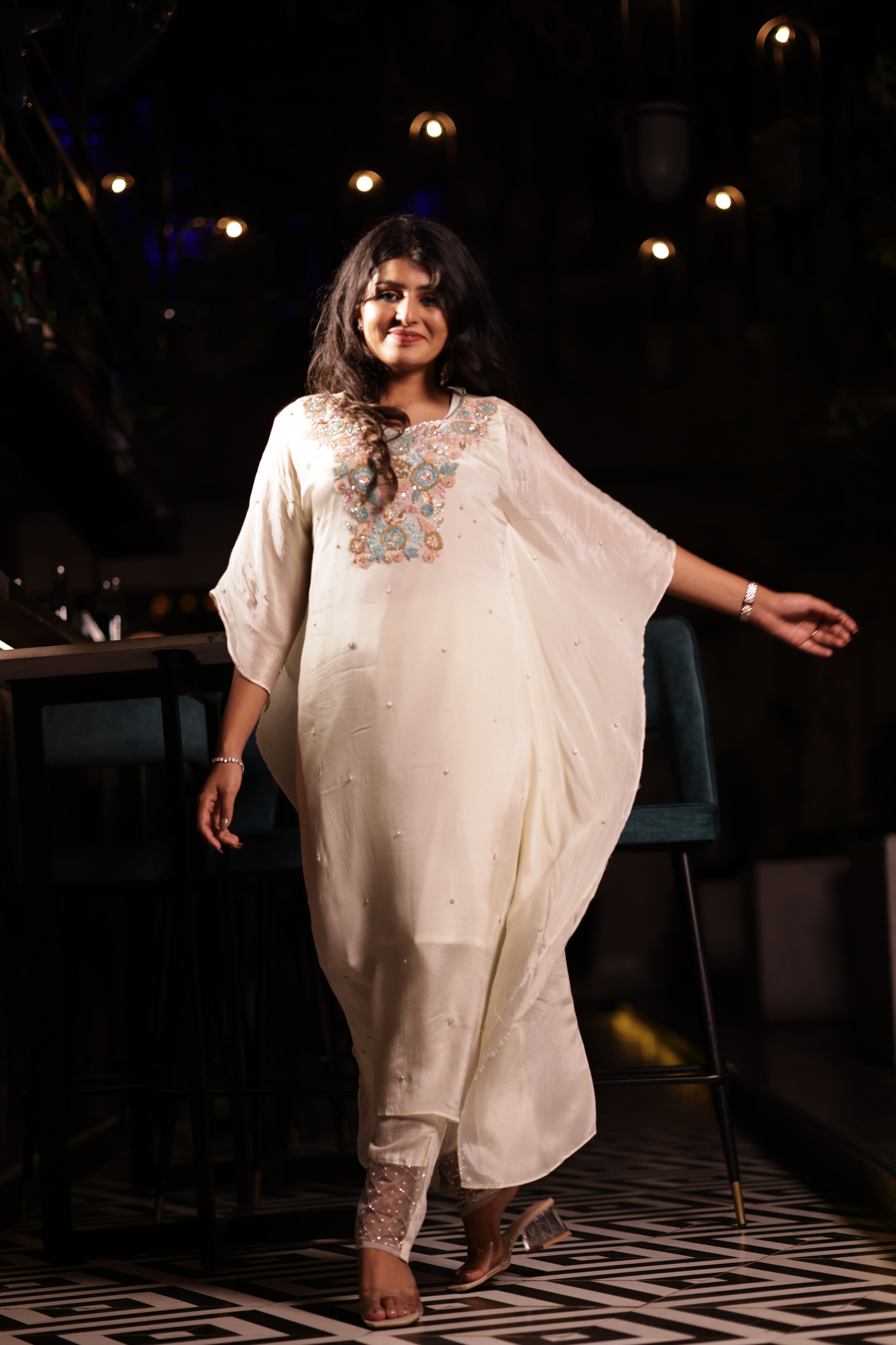 Ivory Soft Georgette Embellished Kaftan Set