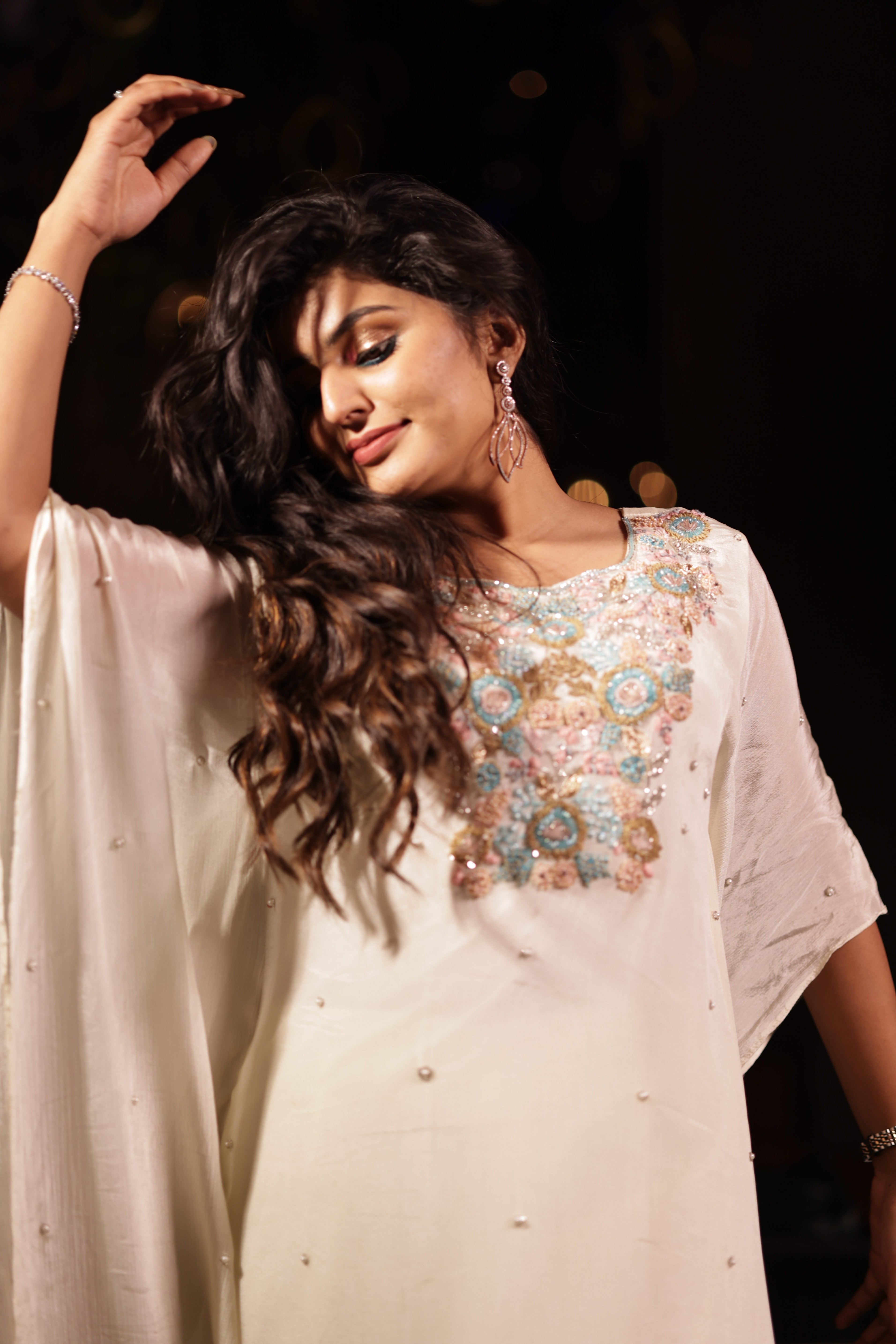 Ivory Soft Georgette Embellished Kaftan Set