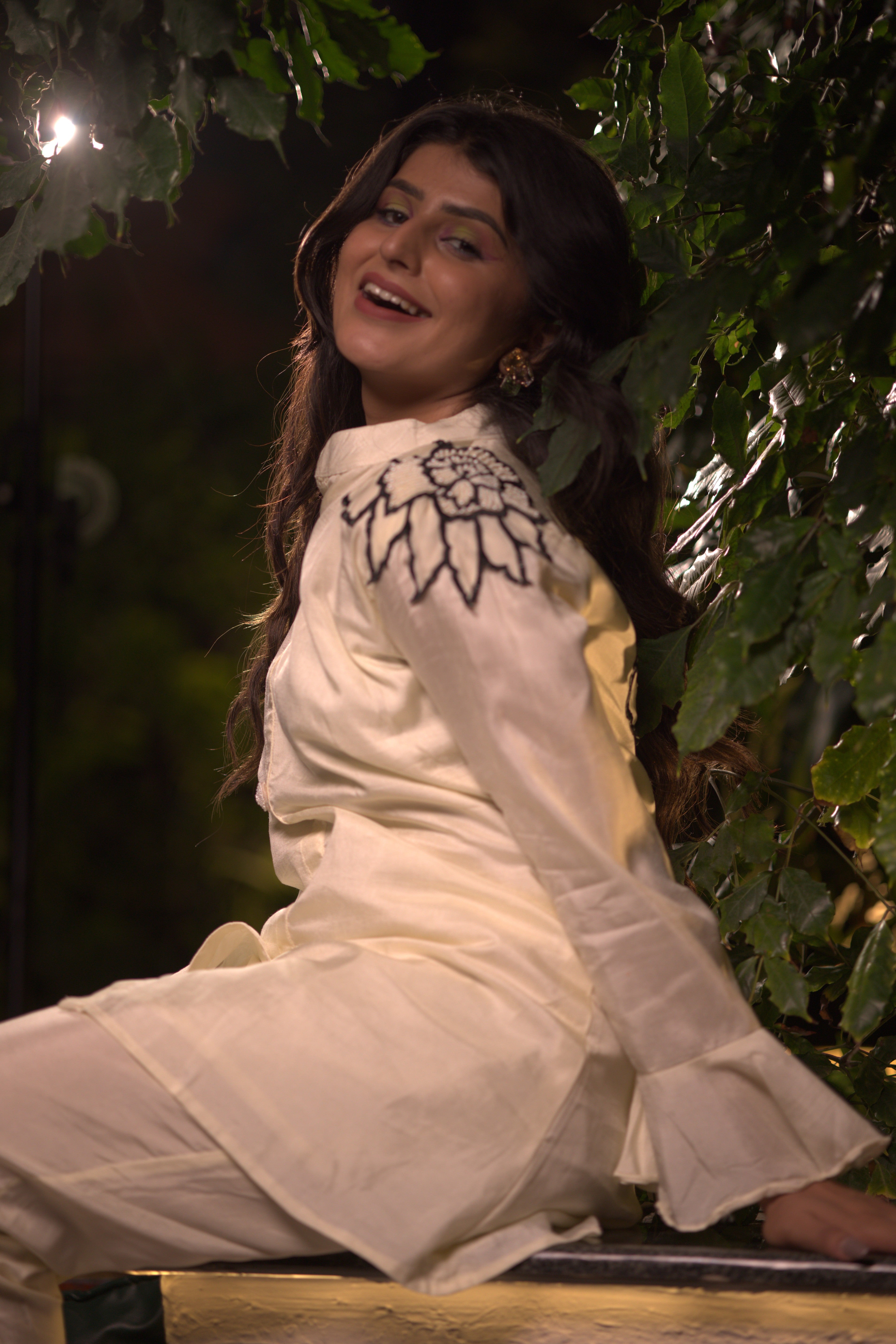 White Georgette Black Thread Work Coord Set