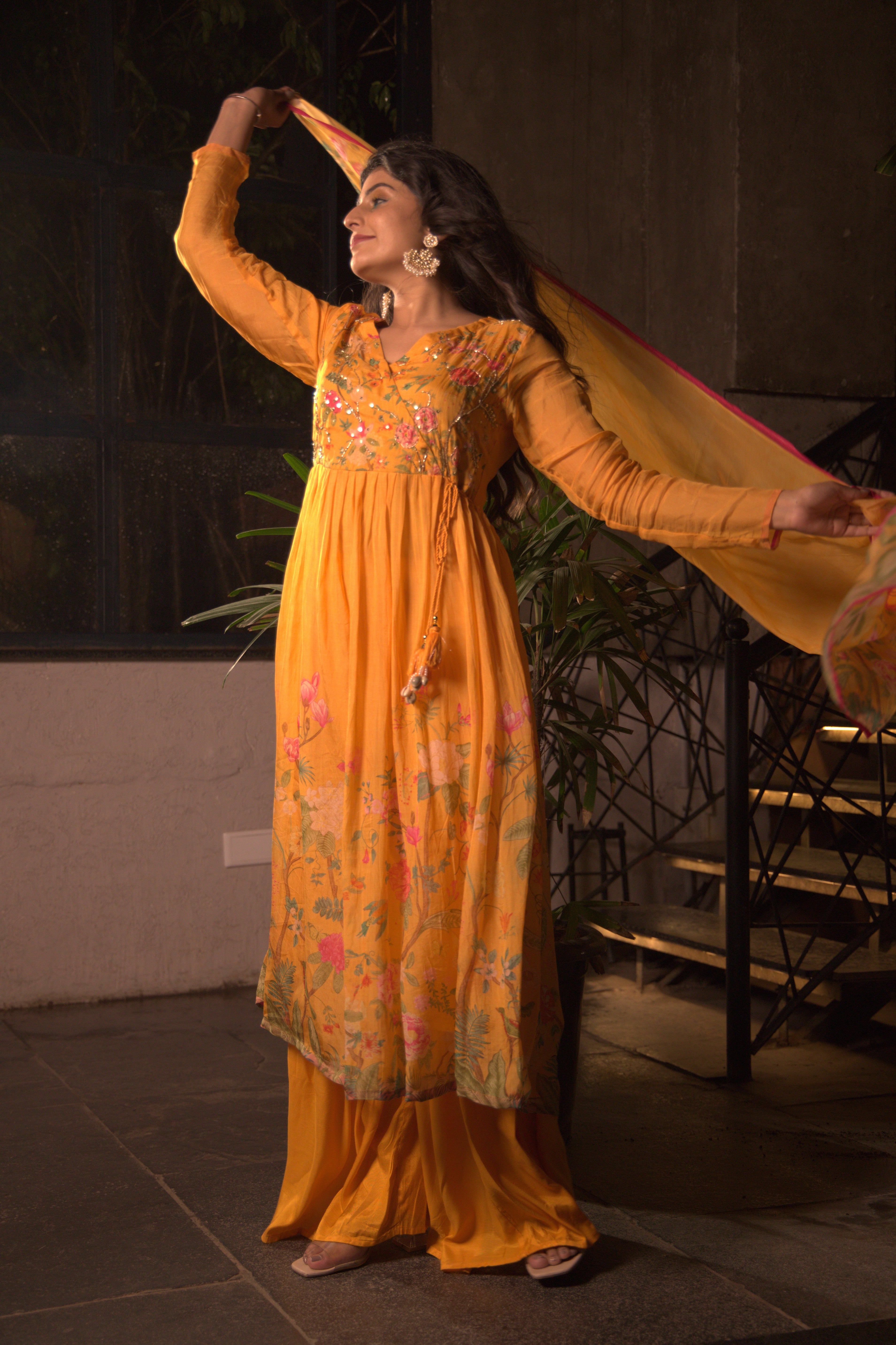 Floral Embroidered Anarkali Kurta with Pants & Dupatta – Yellow