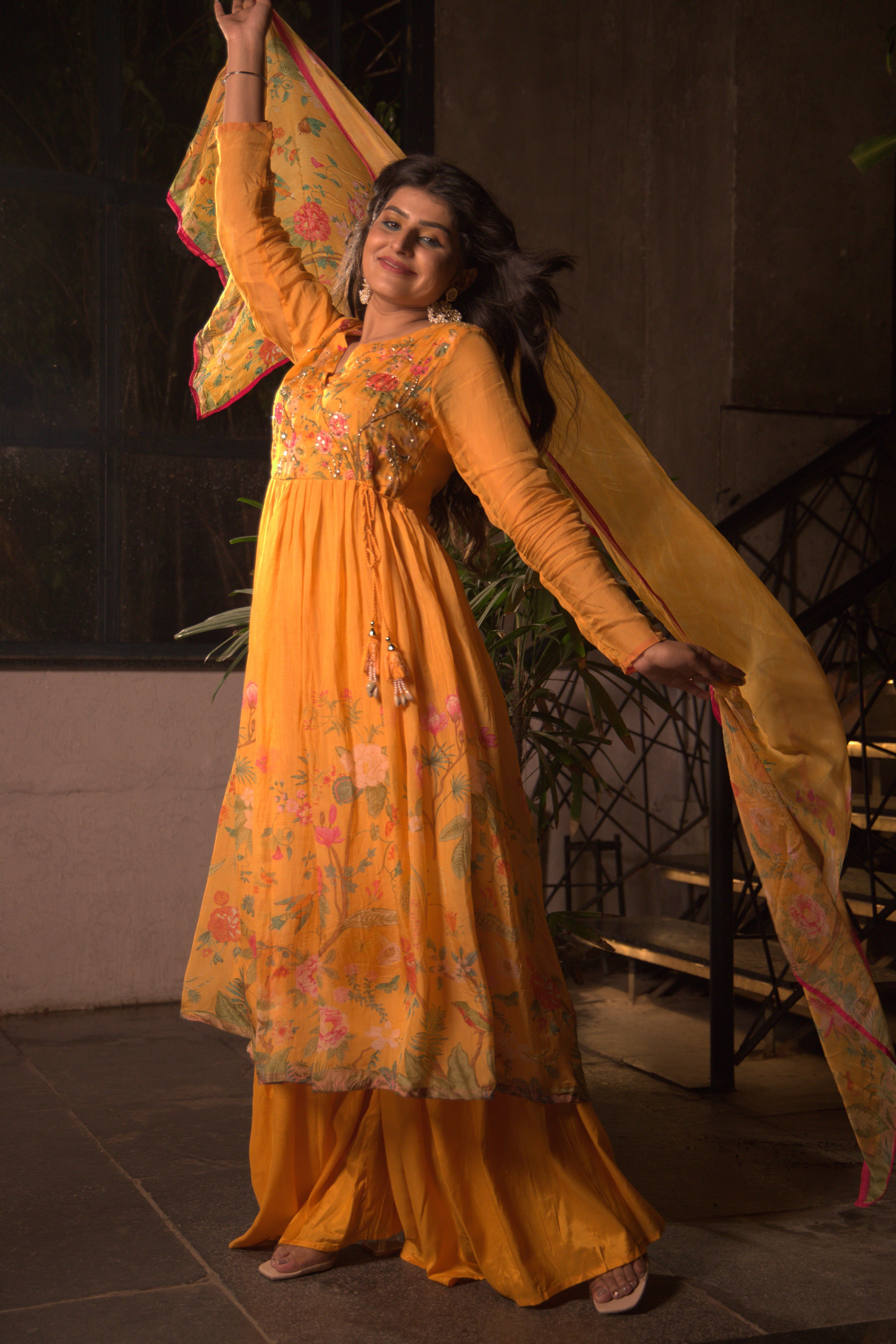 Floral Embroidered Anarkali Kurta with Pants & Dupatta – Yellow