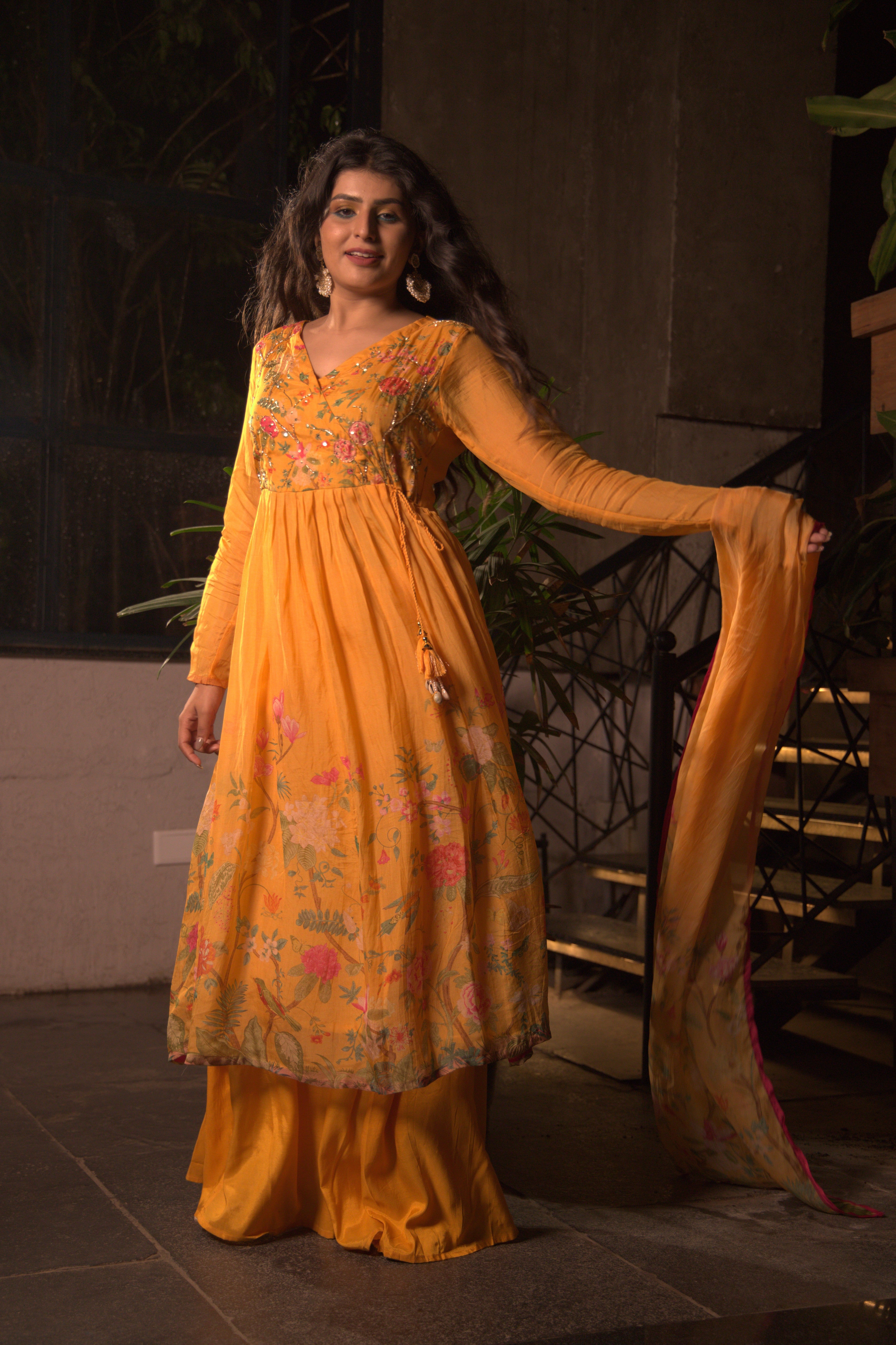 Floral Embroidered Anarkali Kurta with Pants & Dupatta – Yellow