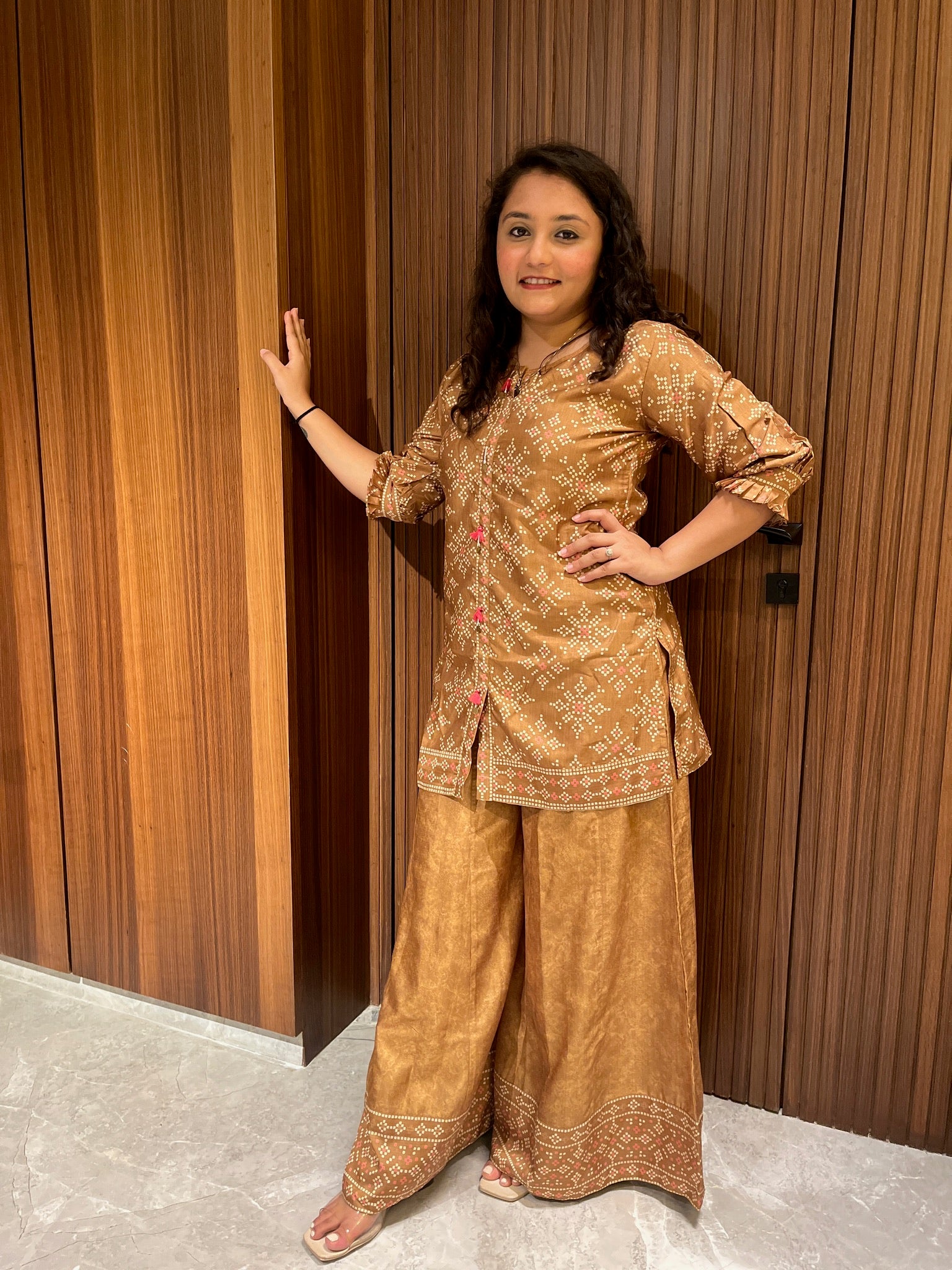 Earthy Brown Ethnic Print Coord Set with Wide-Leg Pants