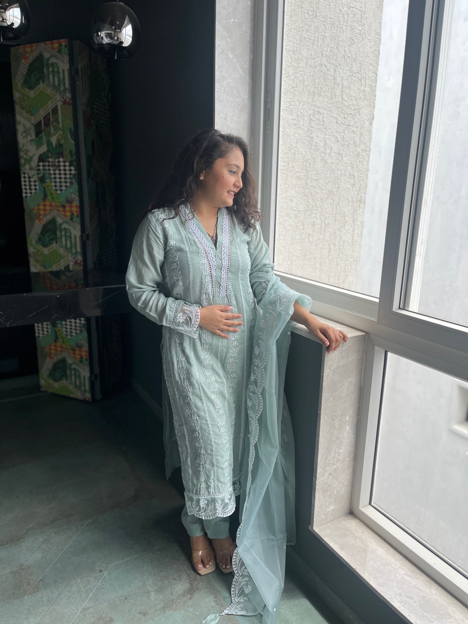 Mint Green Chikankari-Style Georgette Suit Set