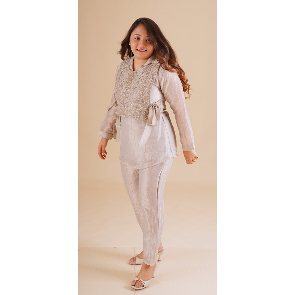 Grey Tissue Blend Embellished Coord Set