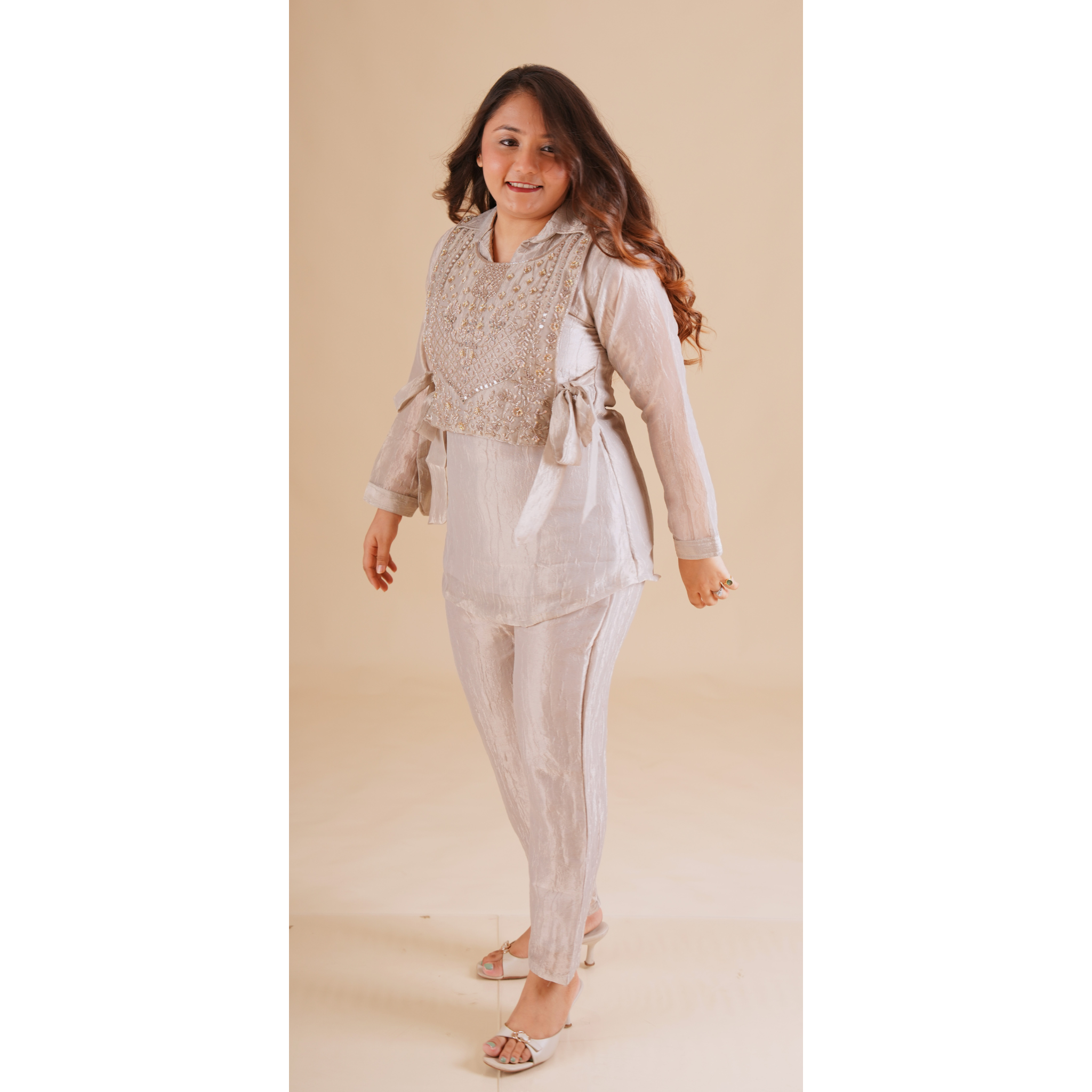 Grey Tissue Blend Embellished Coord Set
