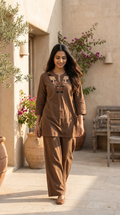 Mocha Brown Cotton Embroidered Coord Set