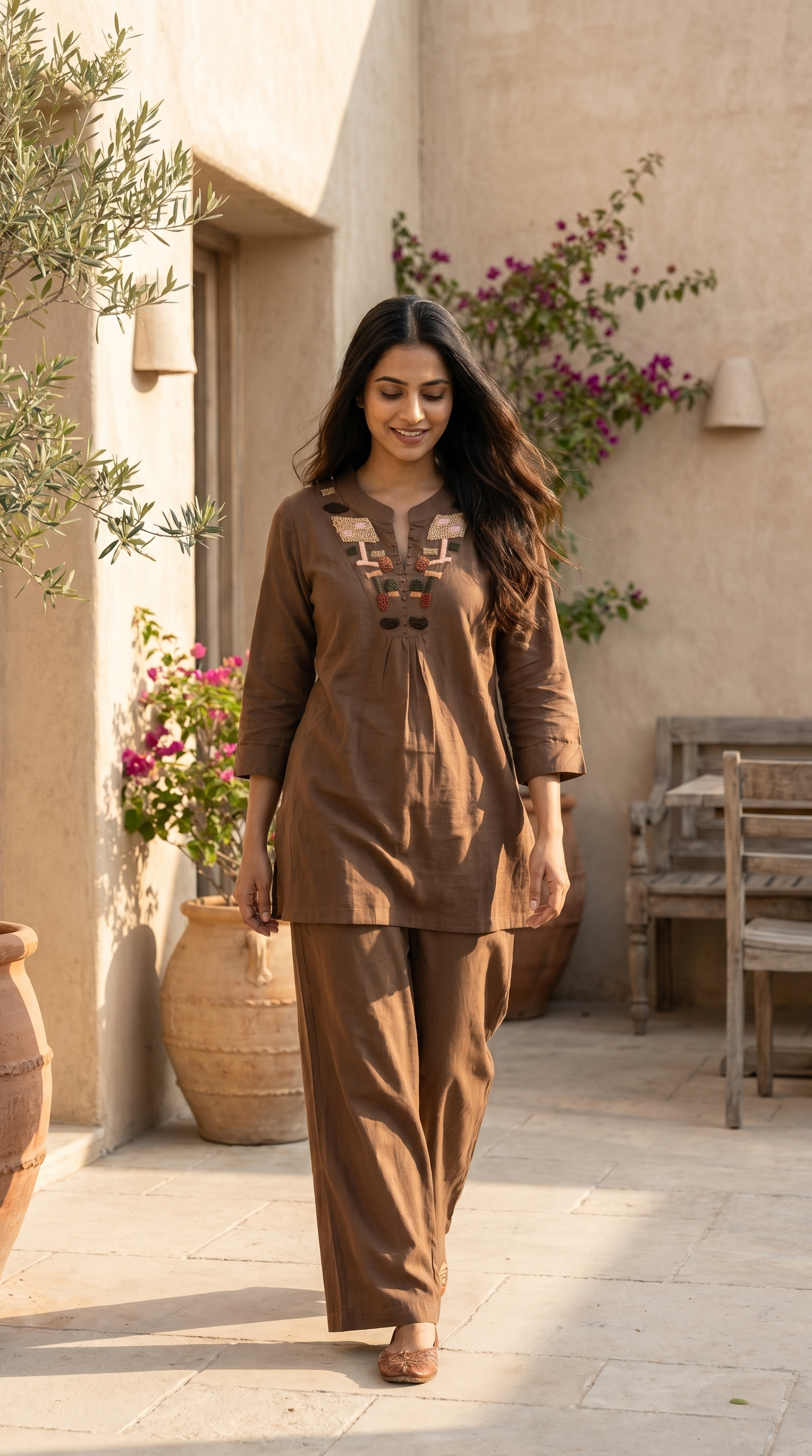Mocha Brown Cotton Embroidered Coord Set