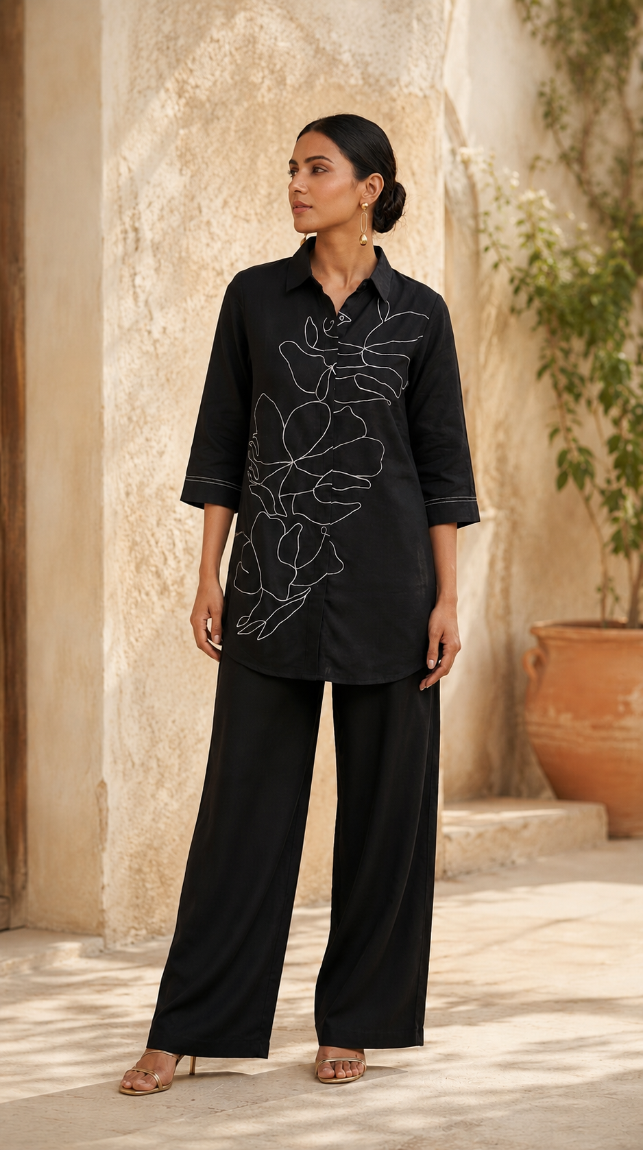 Black Cotton Floral Embroidered Coord Set
