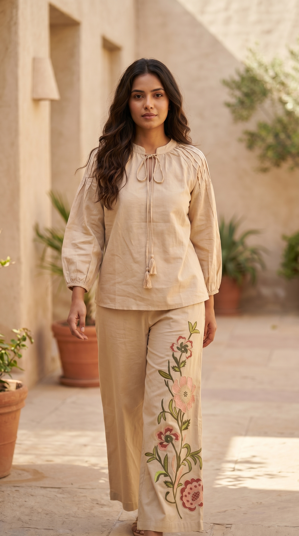 Beige Cotton Floral Embroidered on Pants Coord Set