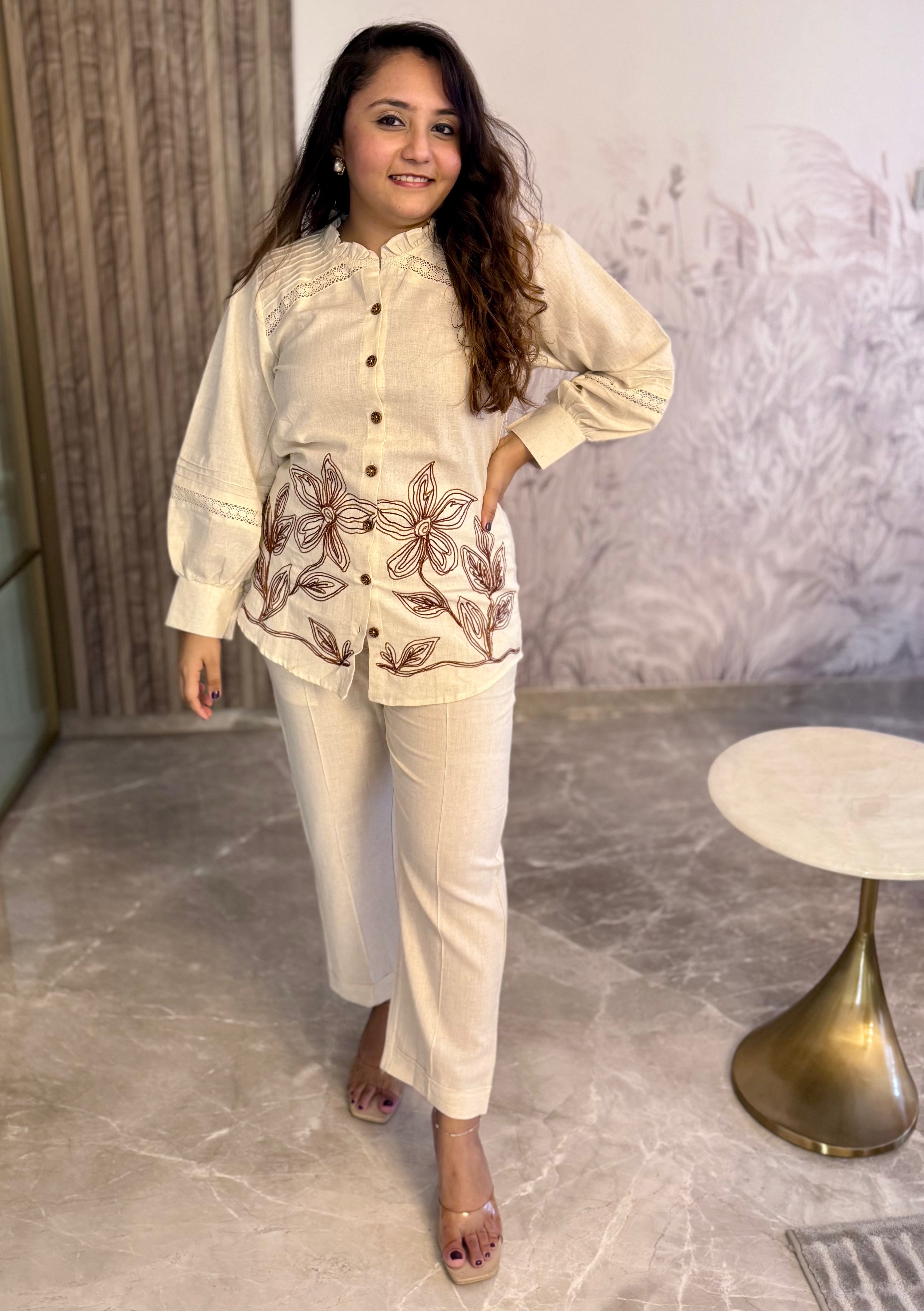 White Cotton Brown Floral Embroidered Coord Set