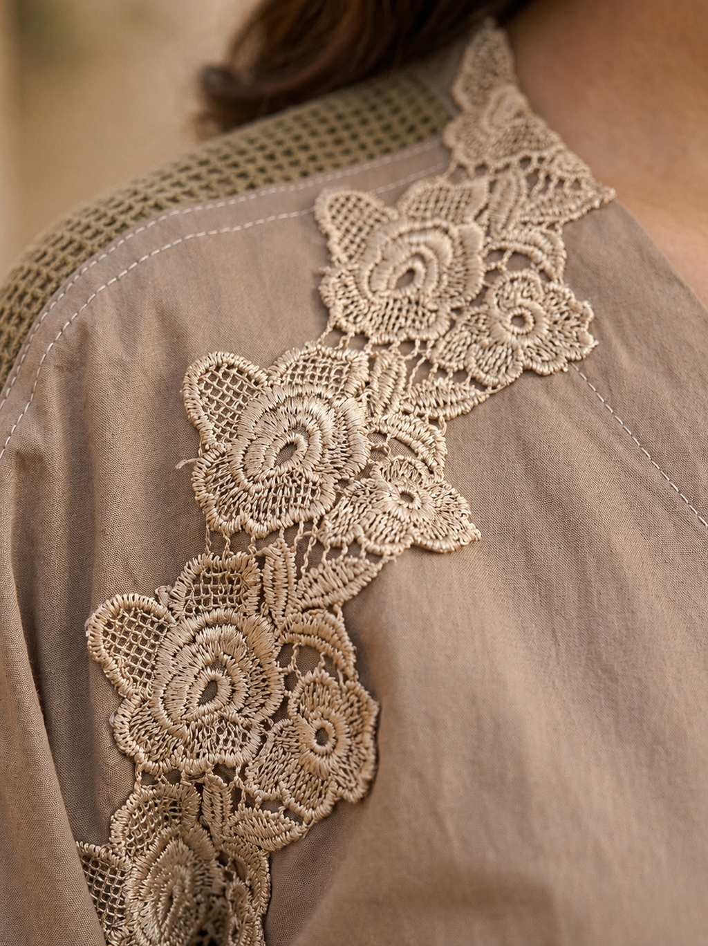 Beige Cotton Lace-Detail Coord Set