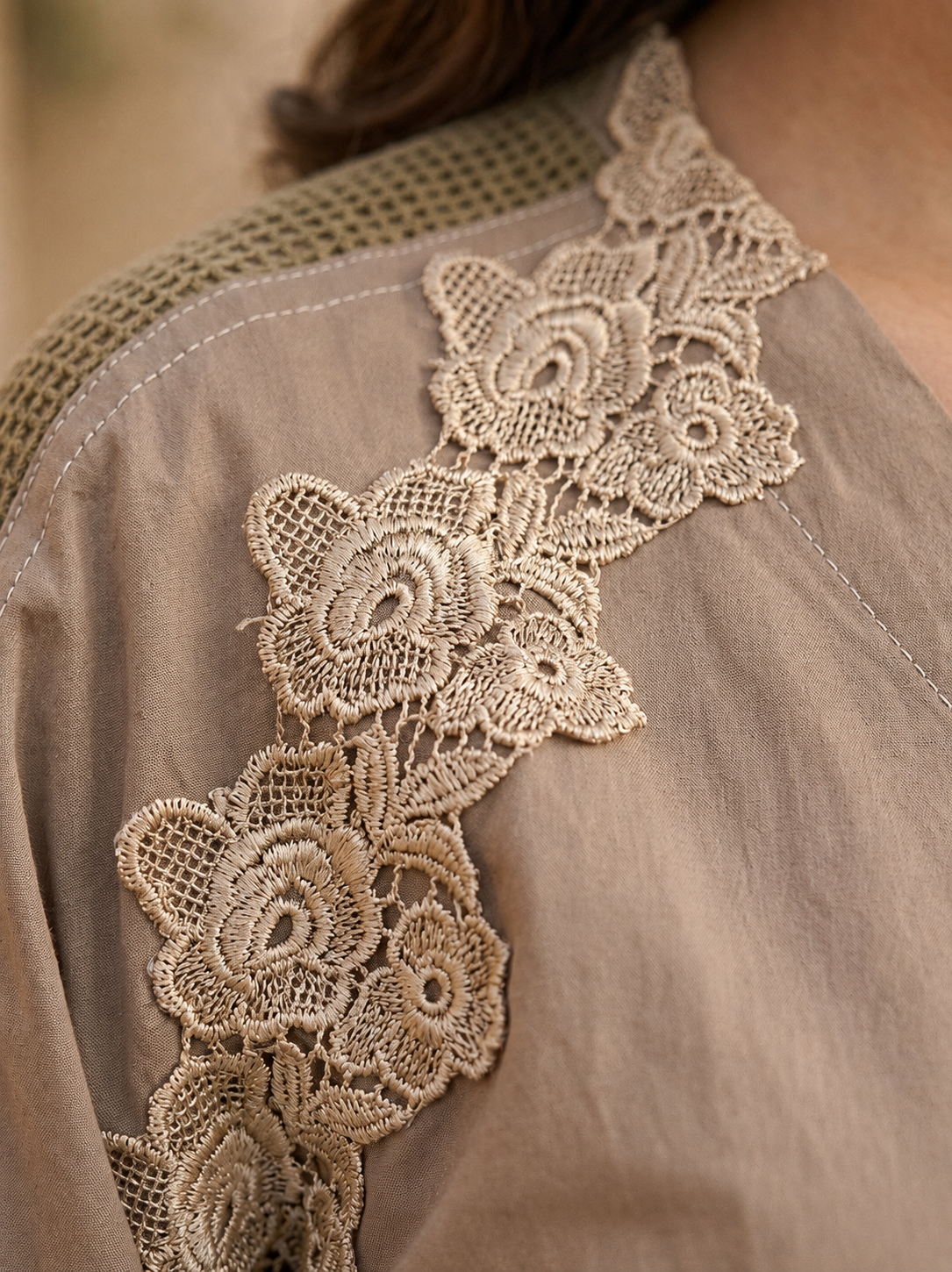 Beige Cotton Lace-Detail Coord Set
