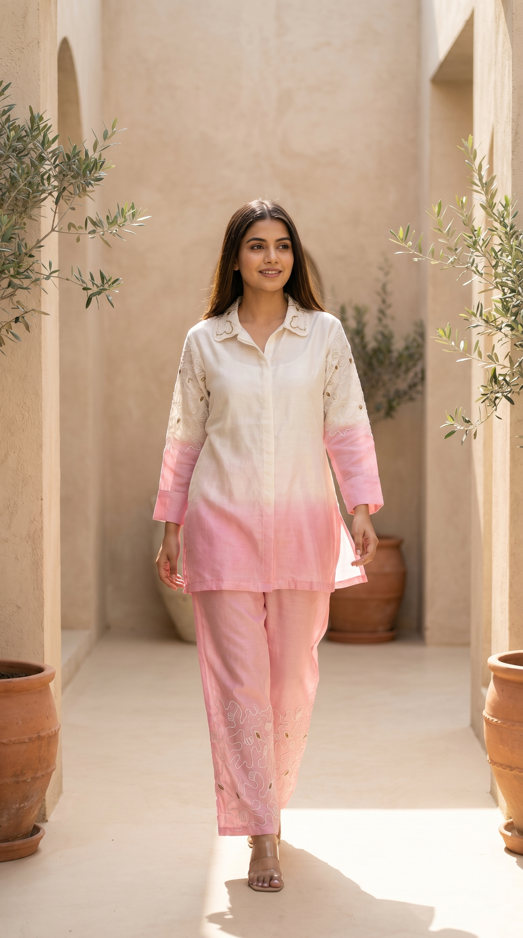 Blush Pink Ombre Cotton Embroidered Coord Set