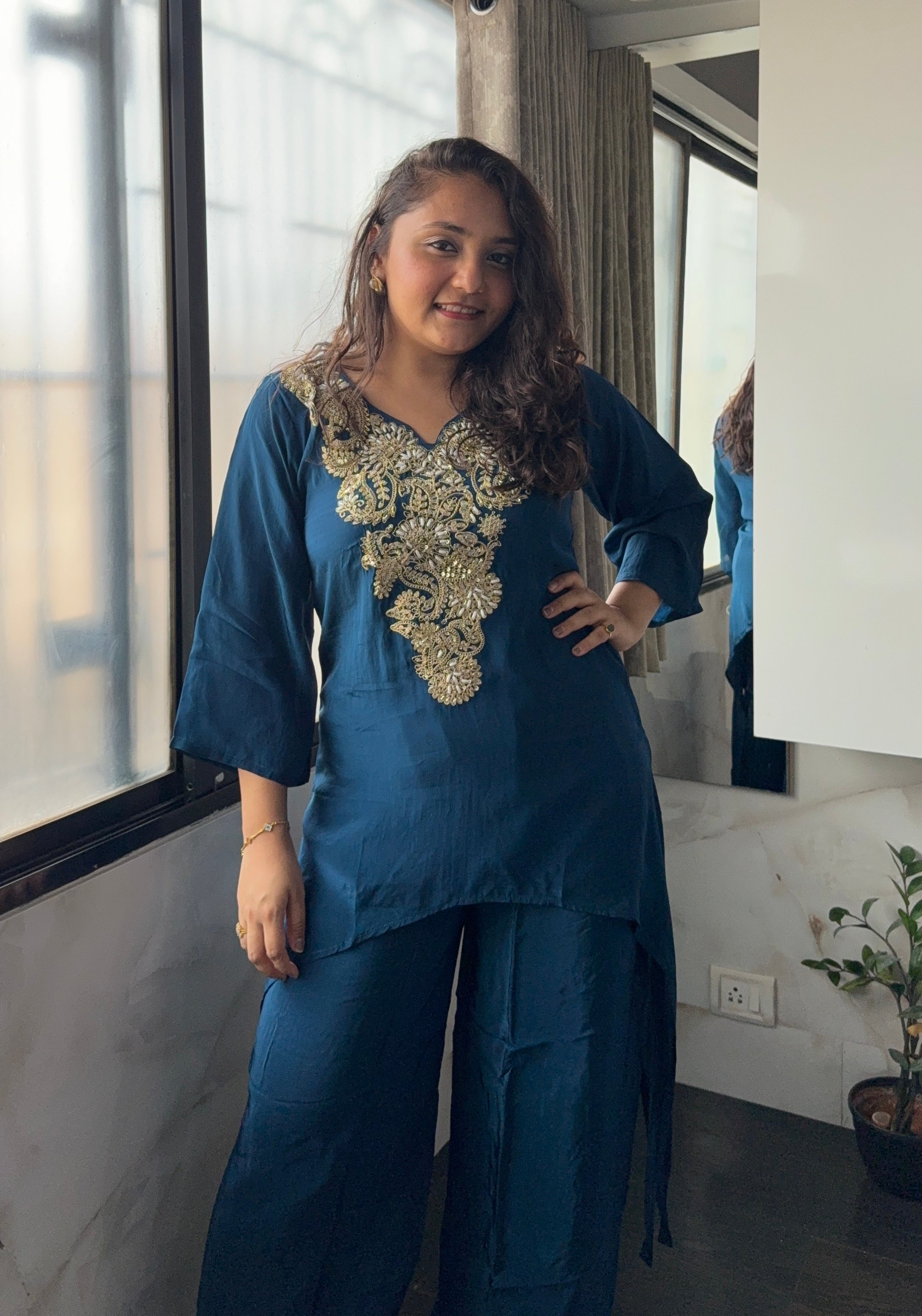 Dark Blue Semi Crepe Coord Set