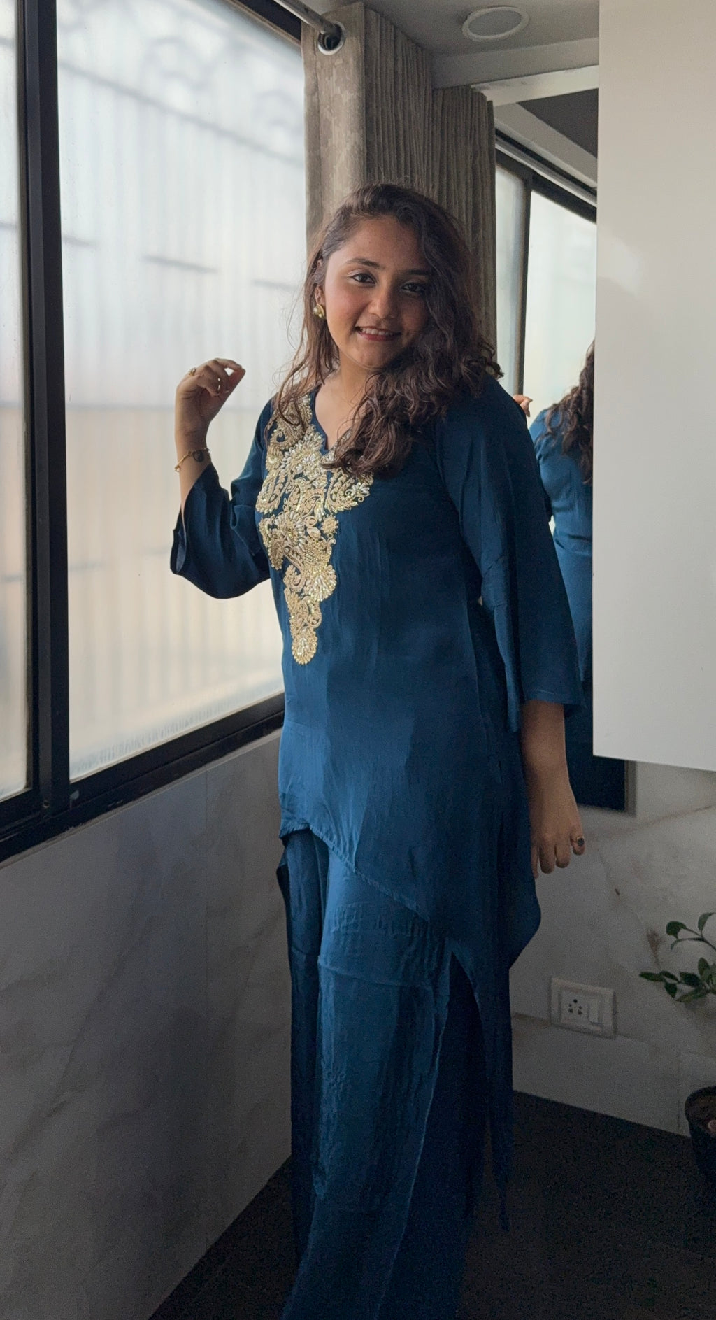 Dark Blue Semi Crepe Coord Set