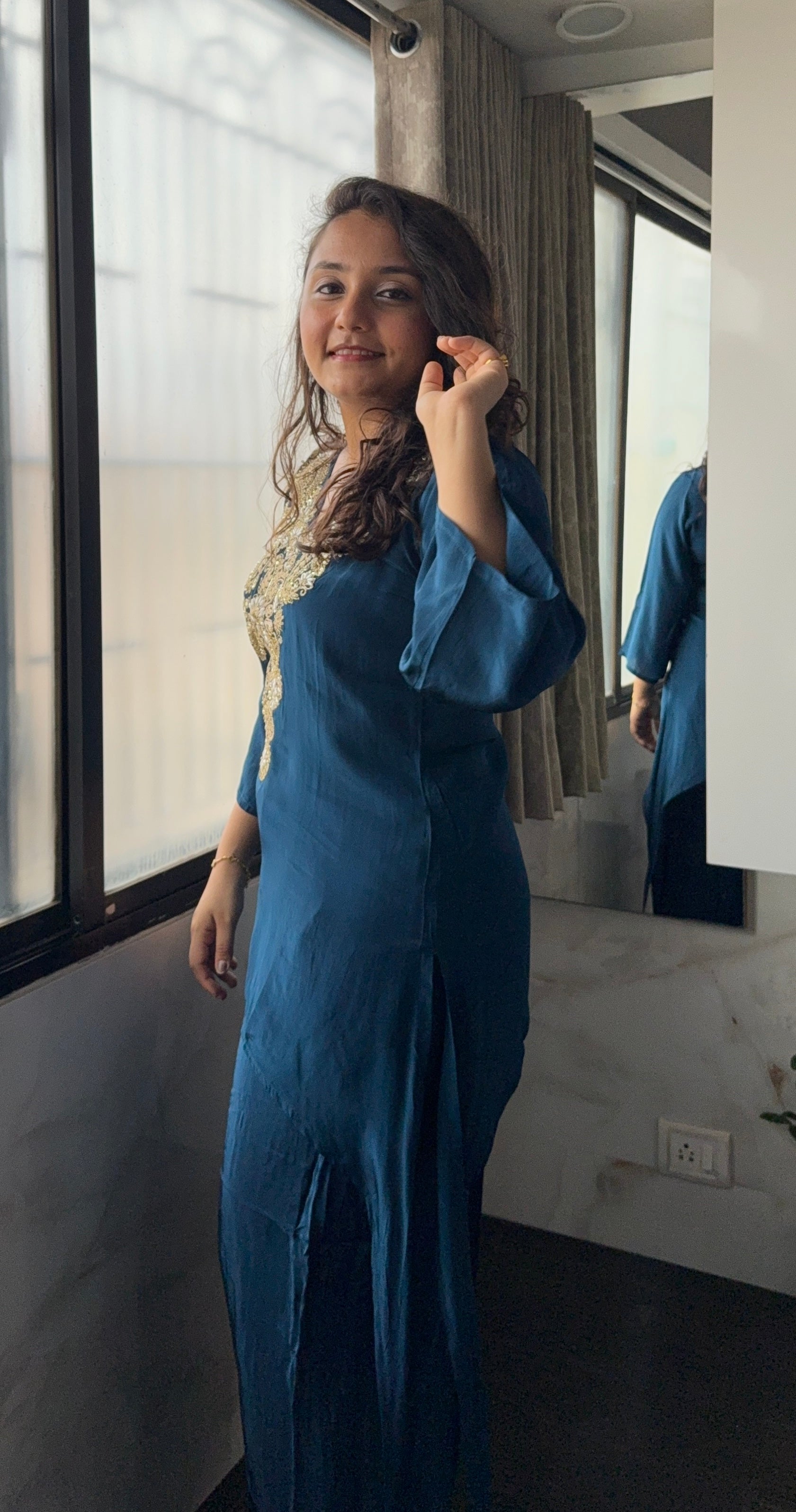 Dark Blue Semi Crepe Coord Set