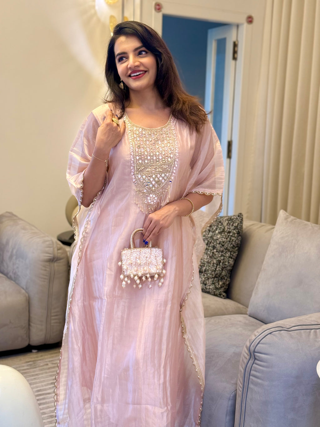 Blush Pink Mirror Work Kaftan Set