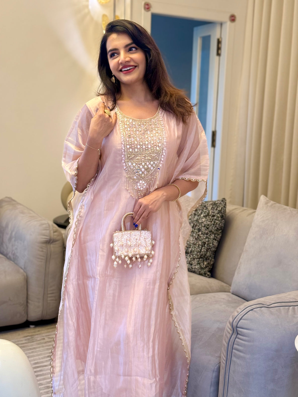 Blush Pink Mirror Work Kaftan Set