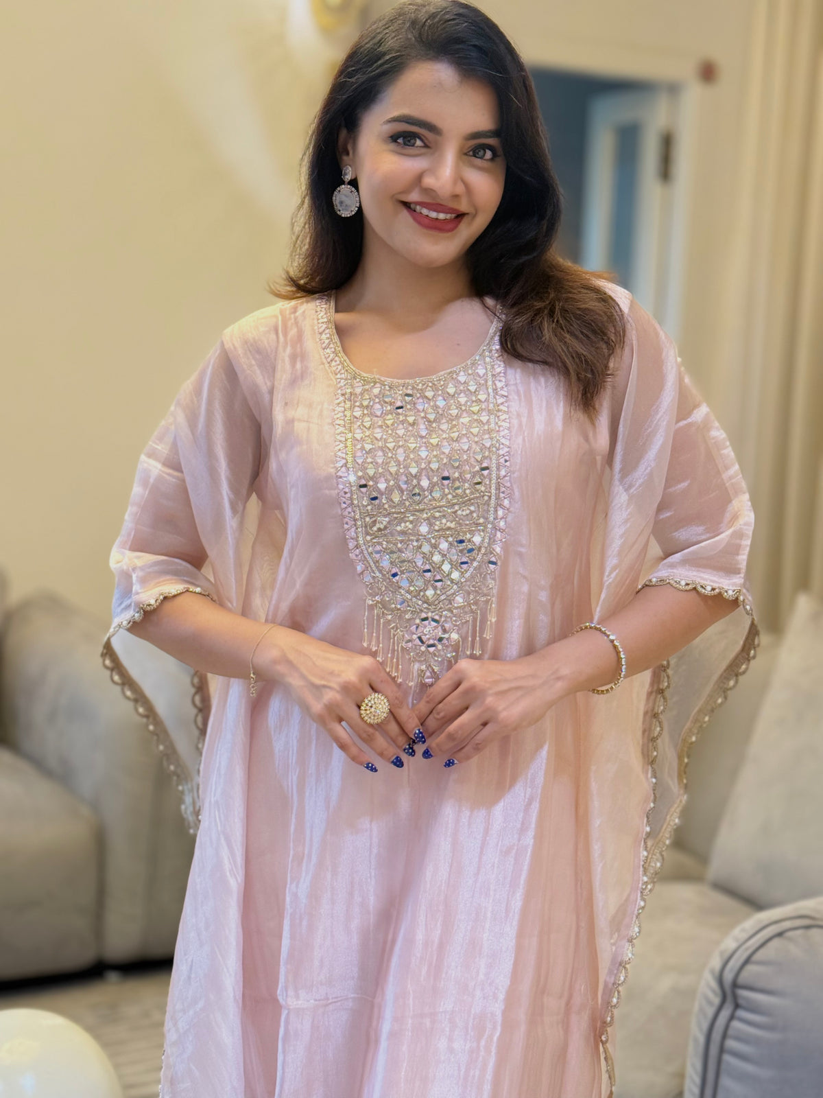 Blush Pink Mirror Work Kaftan Set