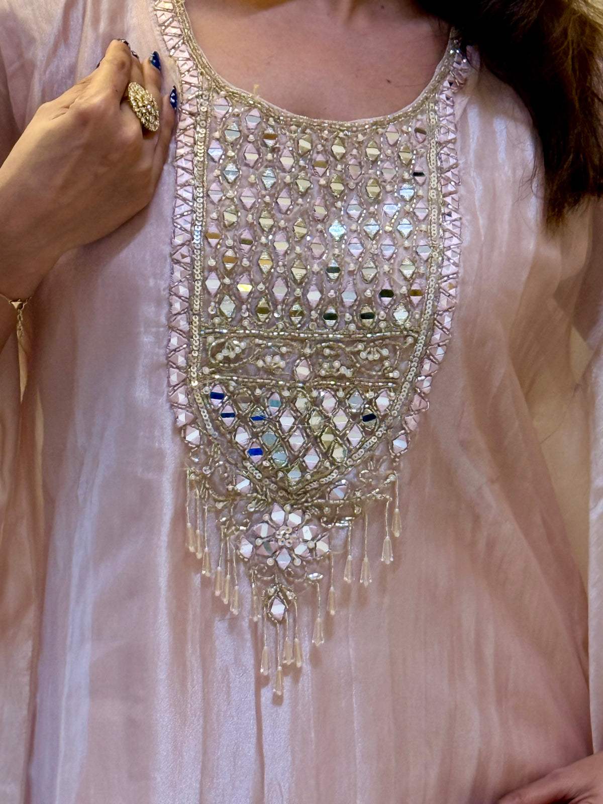 Blush Pink Mirror Work Kaftan Set