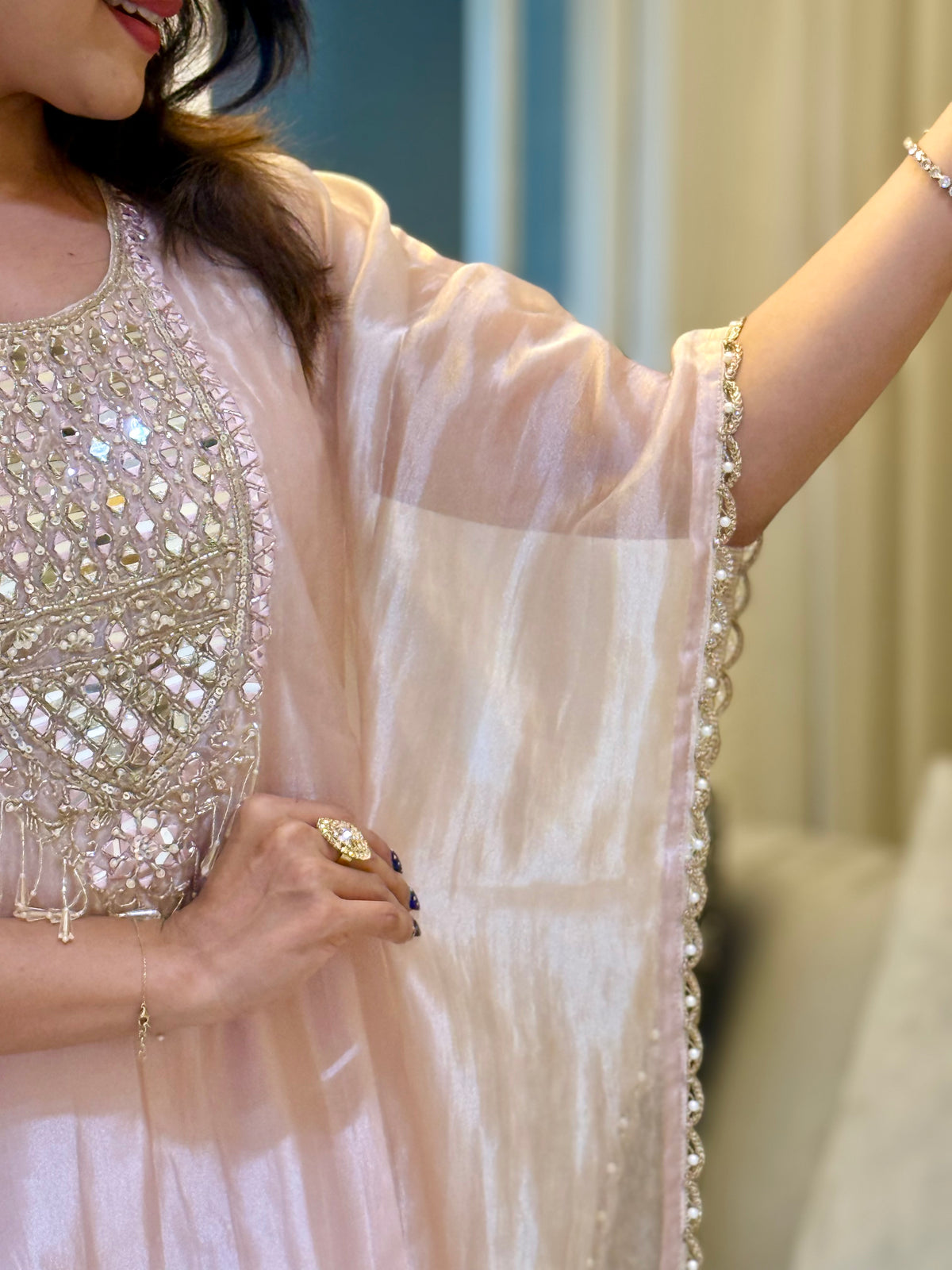 Blush Pink Mirror Work Kaftan Set