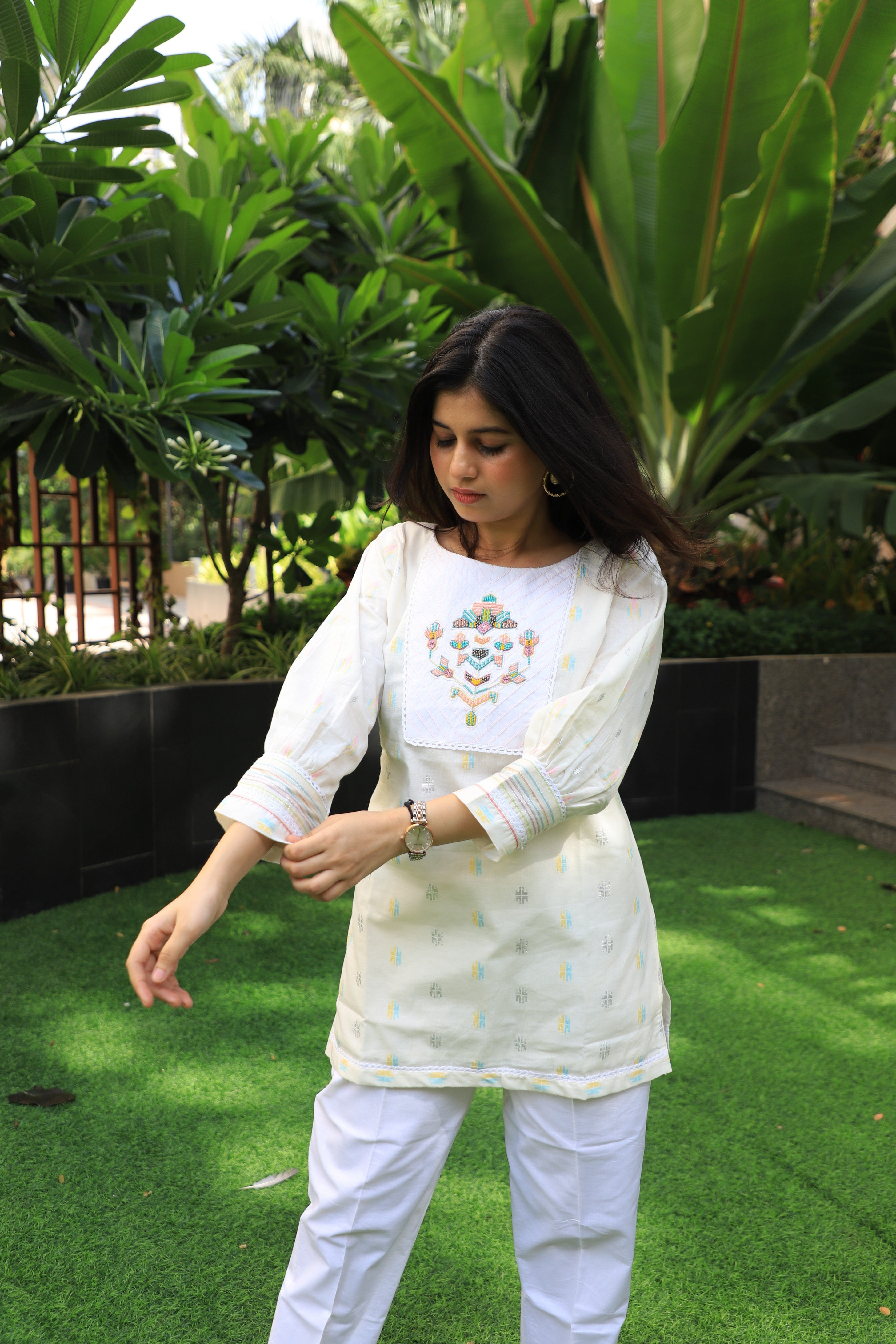 White Multicolour Thread Embroidered Coord Set