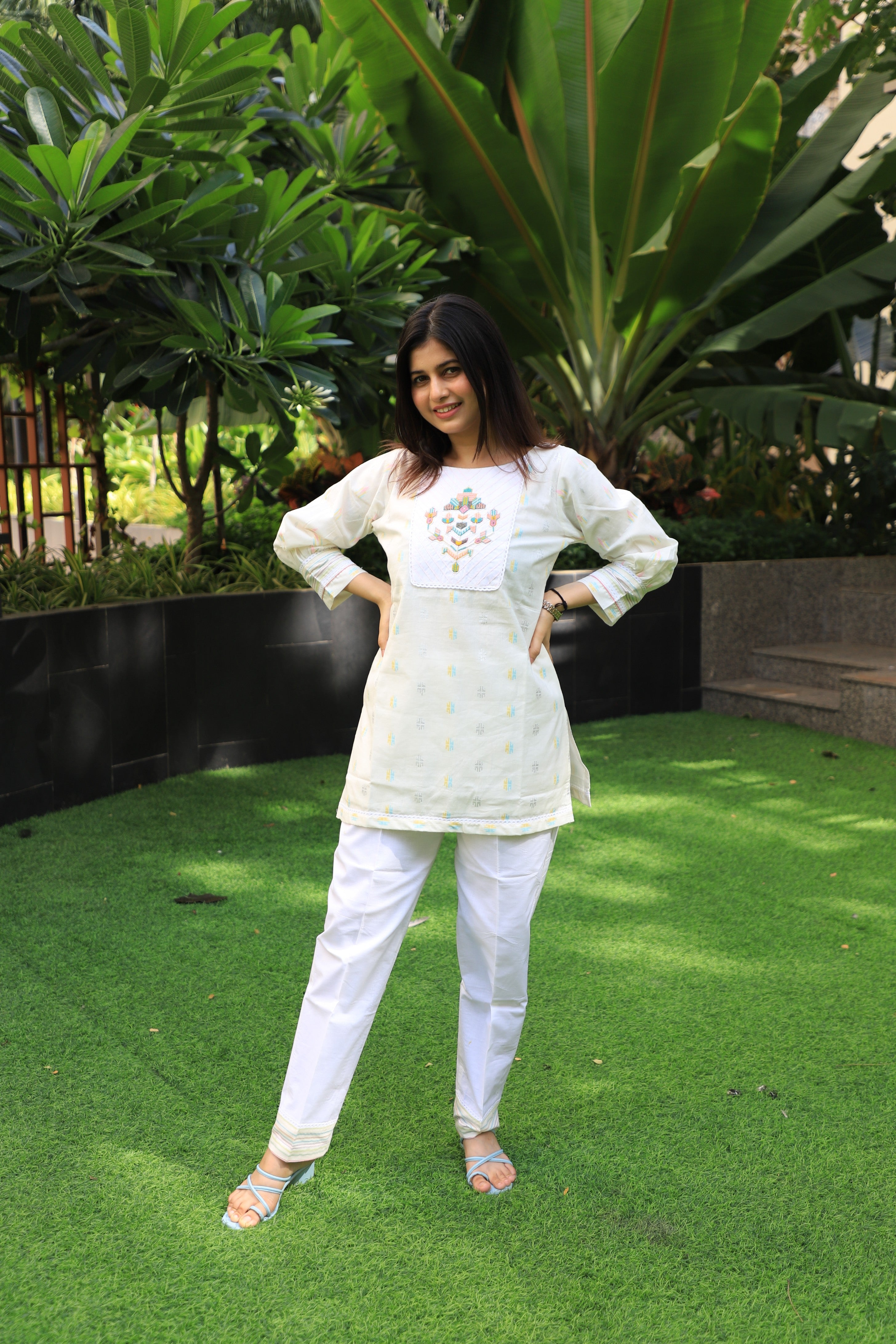 White Multicolour Thread Embroidered Coord Set