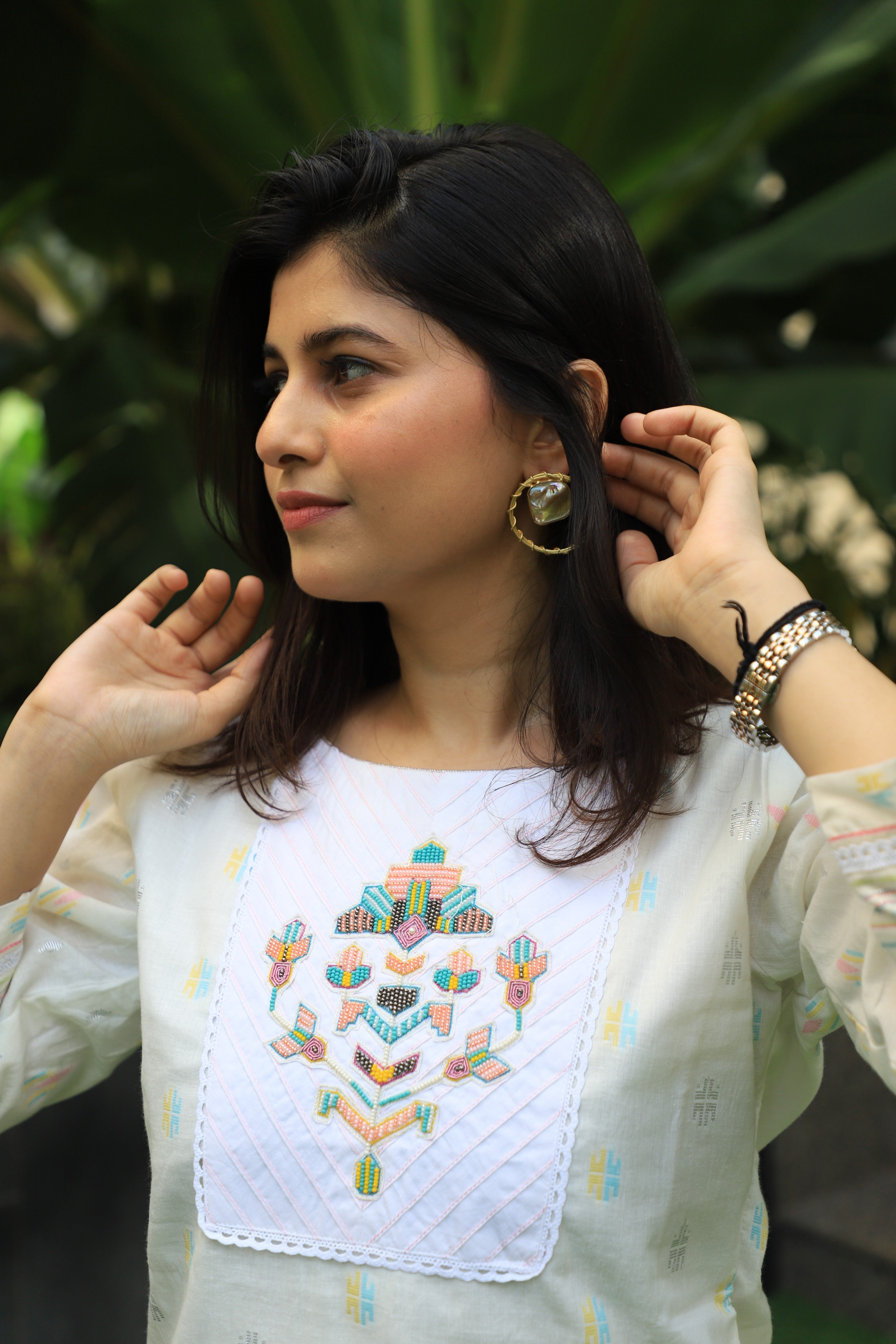 White Multicolour Thread Embroidered Coord Set