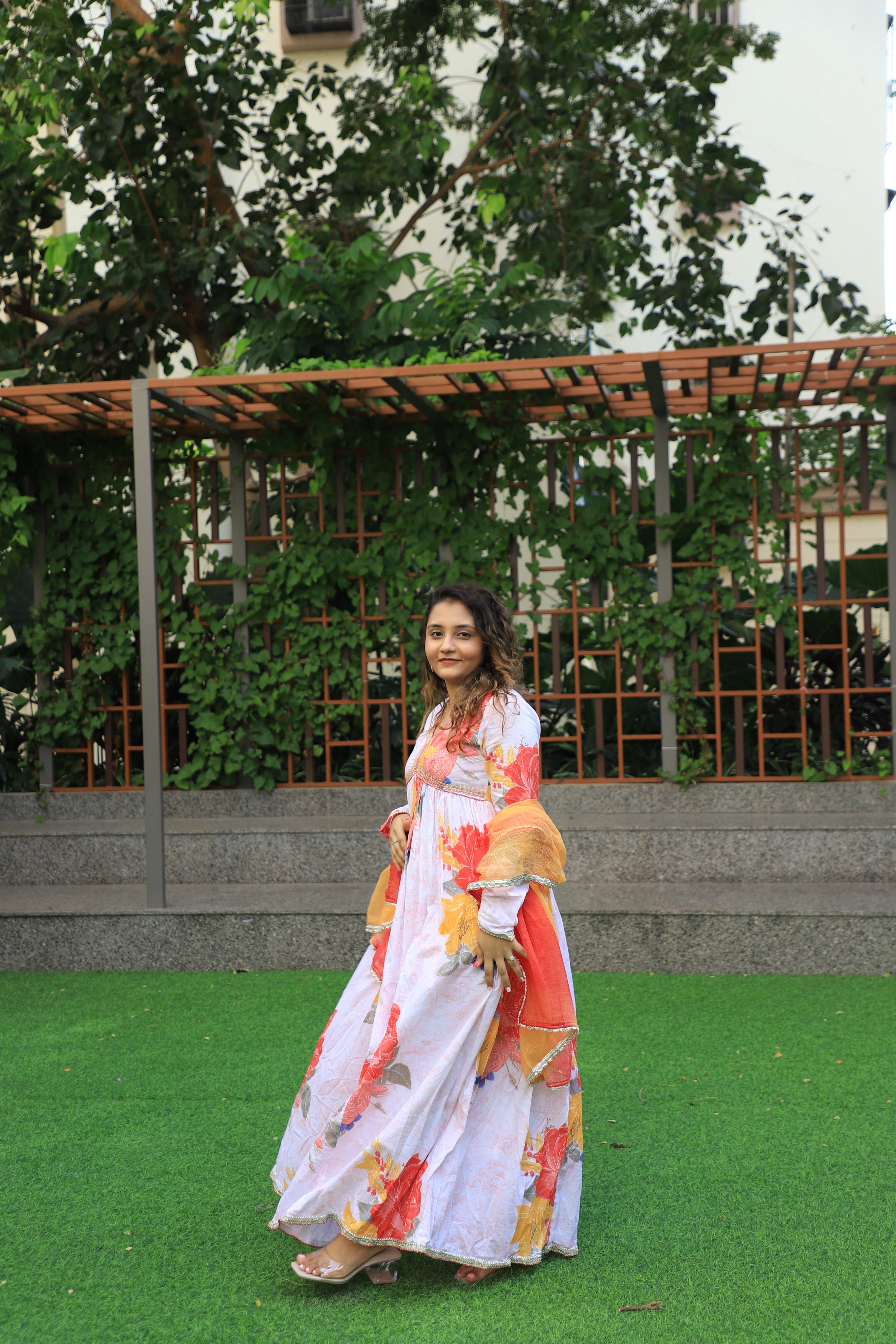 White Floral Flared Anarkali Dress with Dupatta