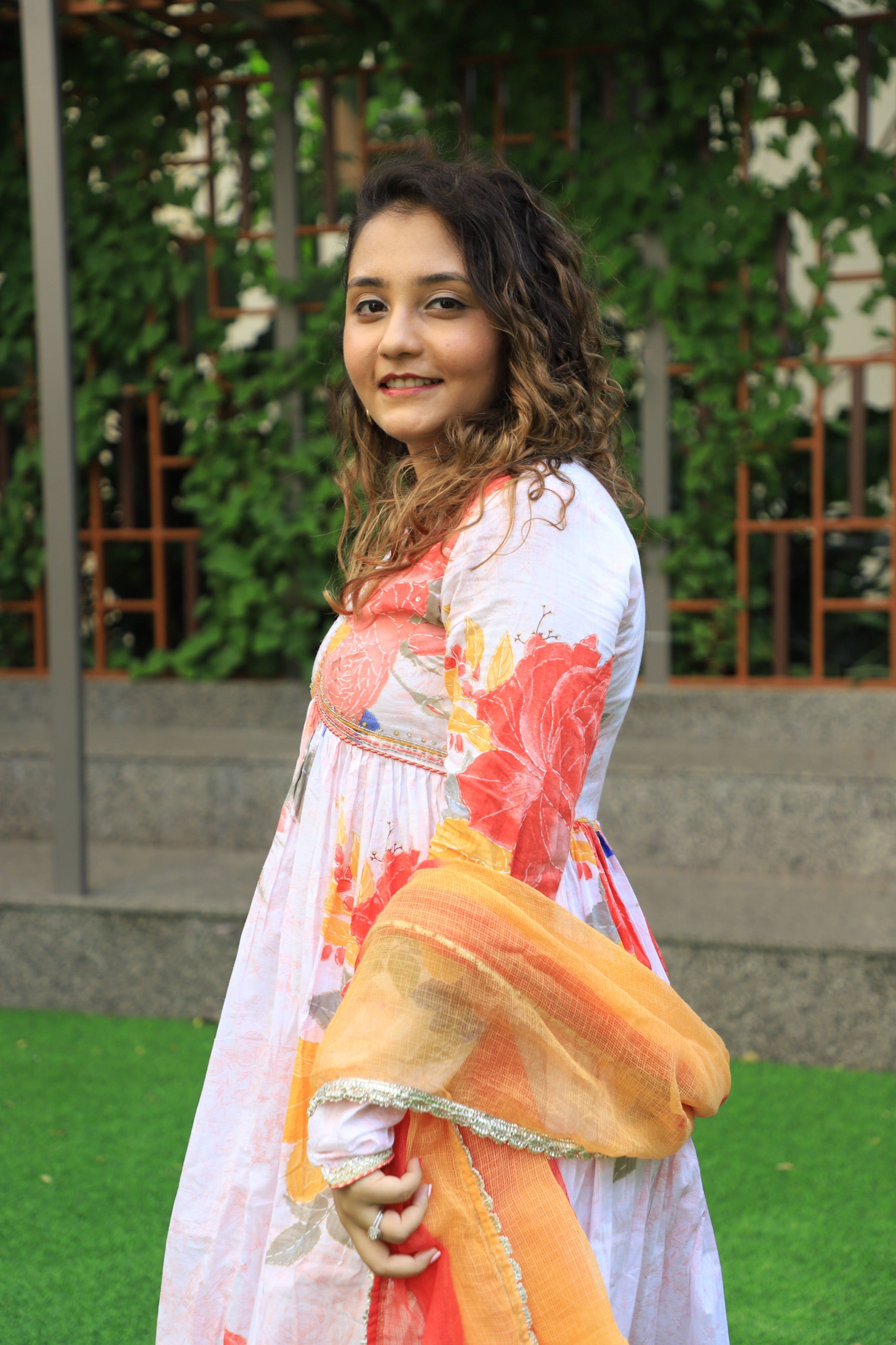 White Floral Flared Anarkali Dress with Dupatta