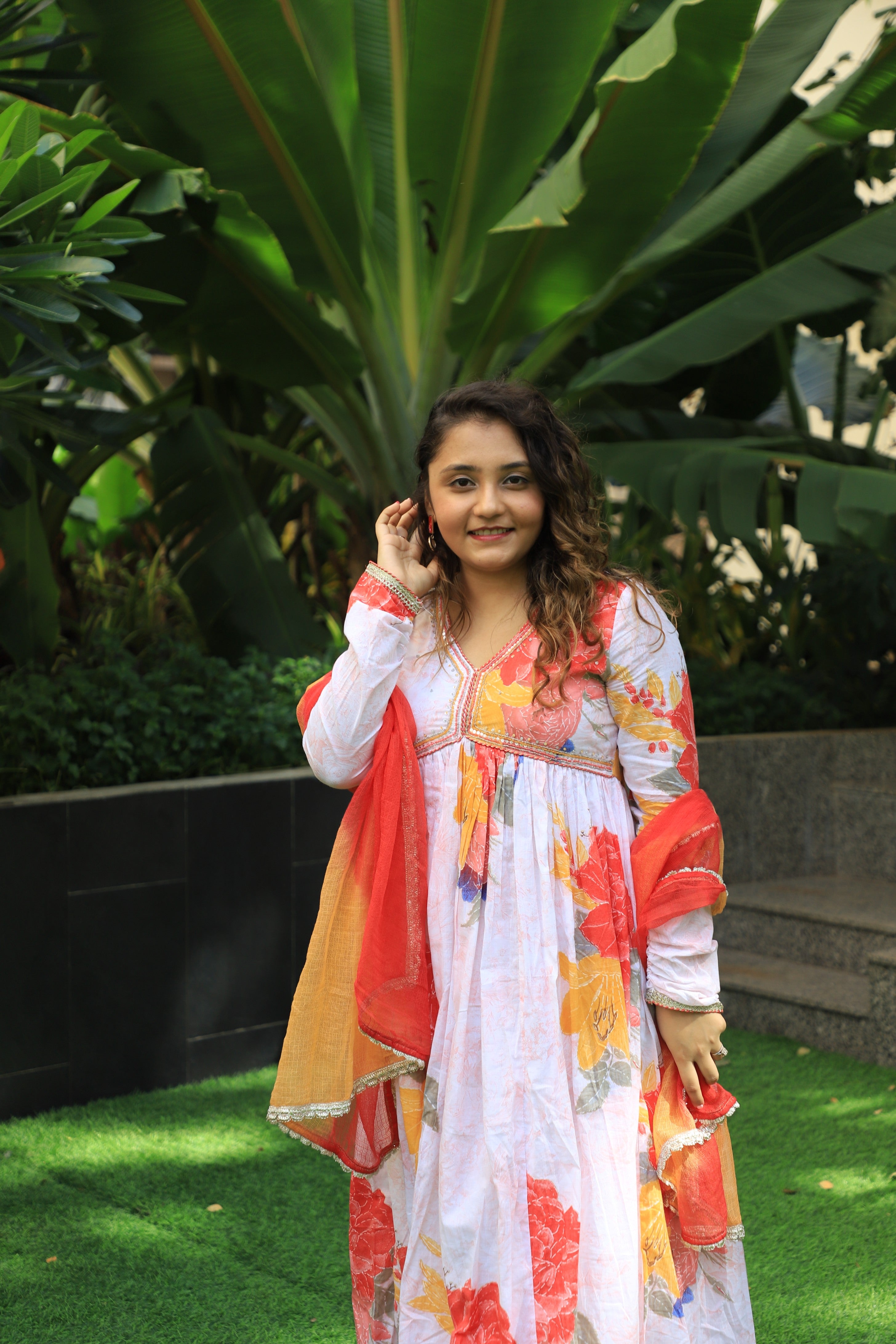 White Floral Flared Anarkali Dress with Dupatta