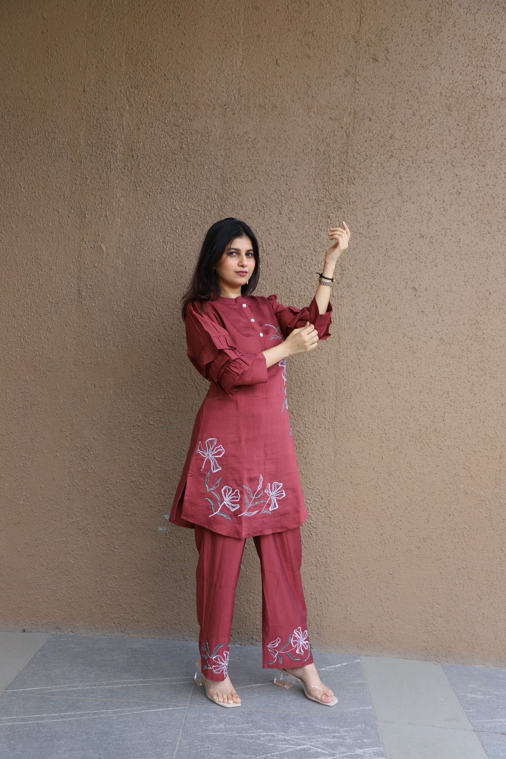 Brown Coord Set with Layered Sleeves & Floral Thread Embroidery