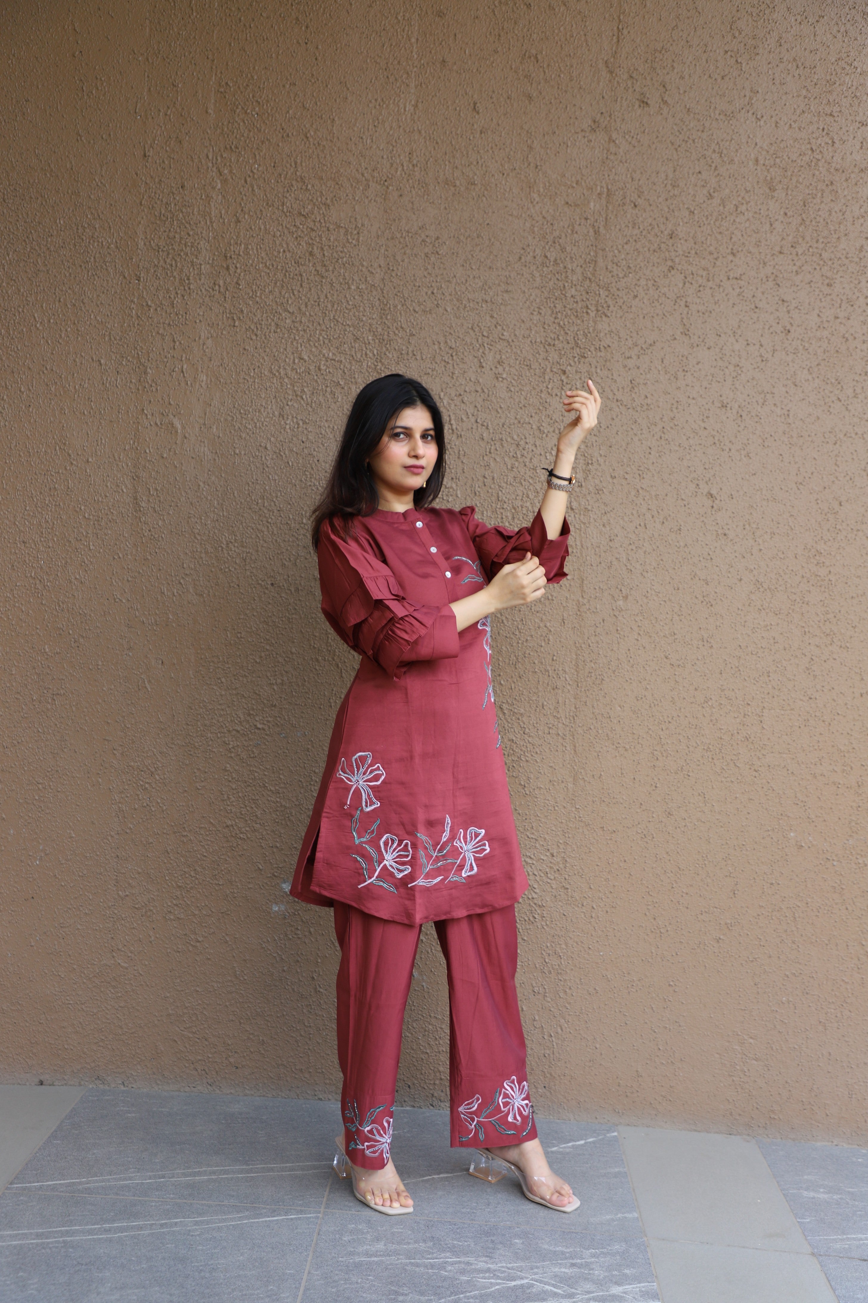 Brown Coord Set with Layered Sleeves & Floral Thread Embroidery