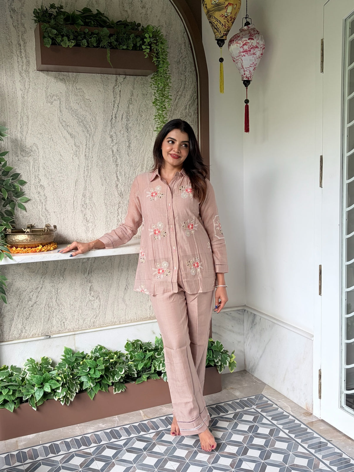 Dusty Rose Floral Embroidered Shirt Coord Set