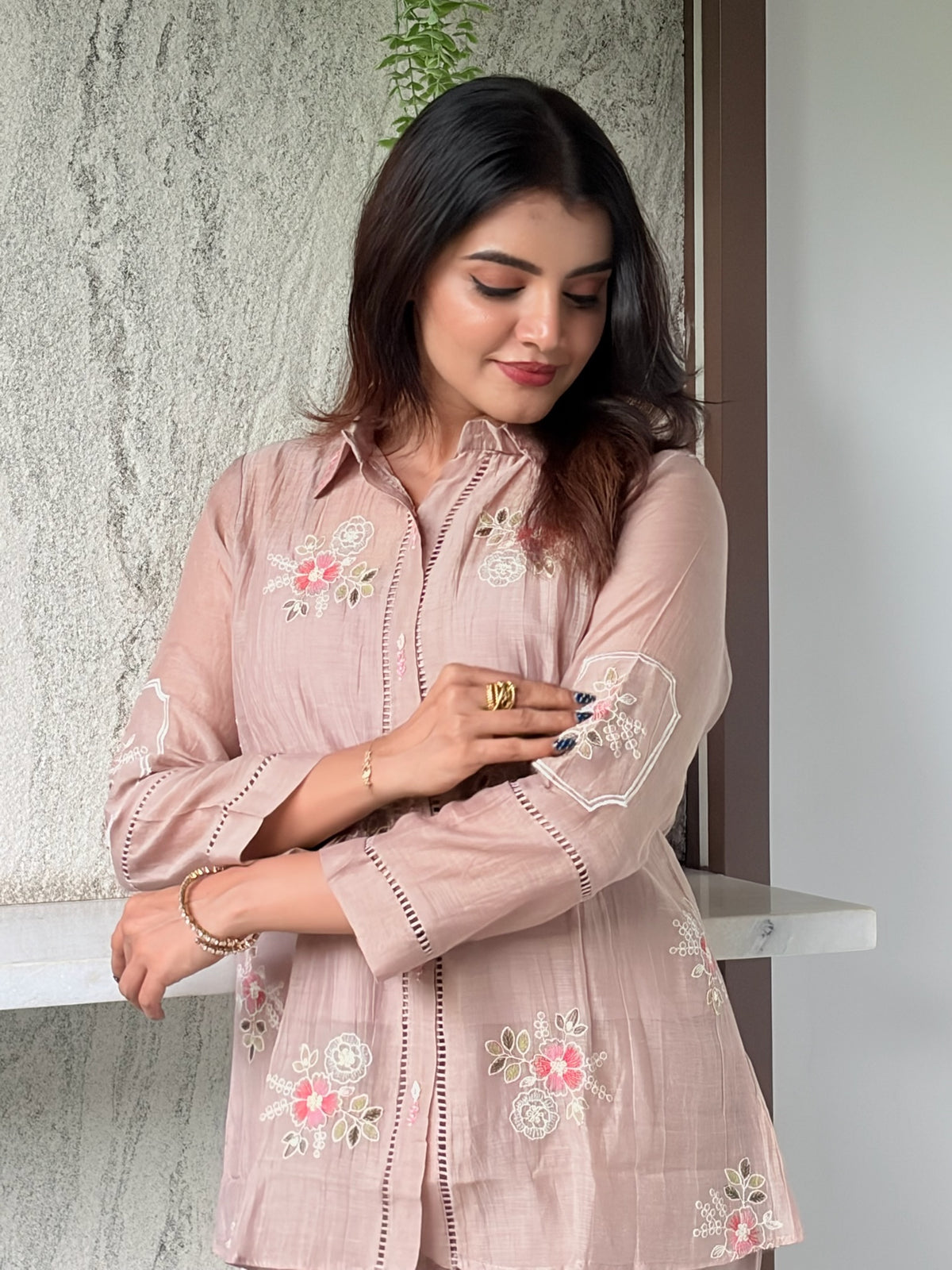 Dusty Rose Floral Embroidered Shirt Coord Set