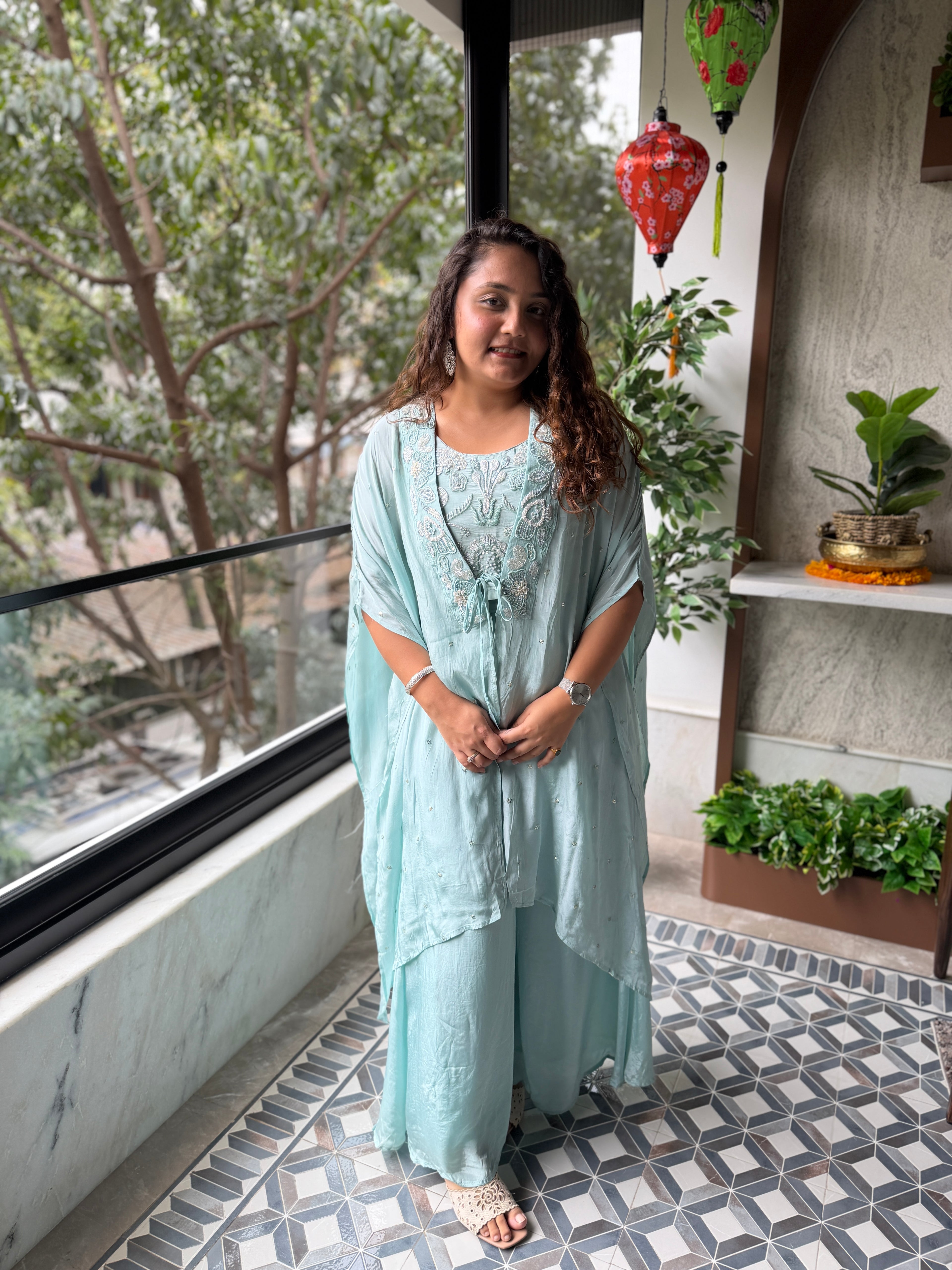 Mint Blue Embroidered Crop Top & Palazzo Set with Cape