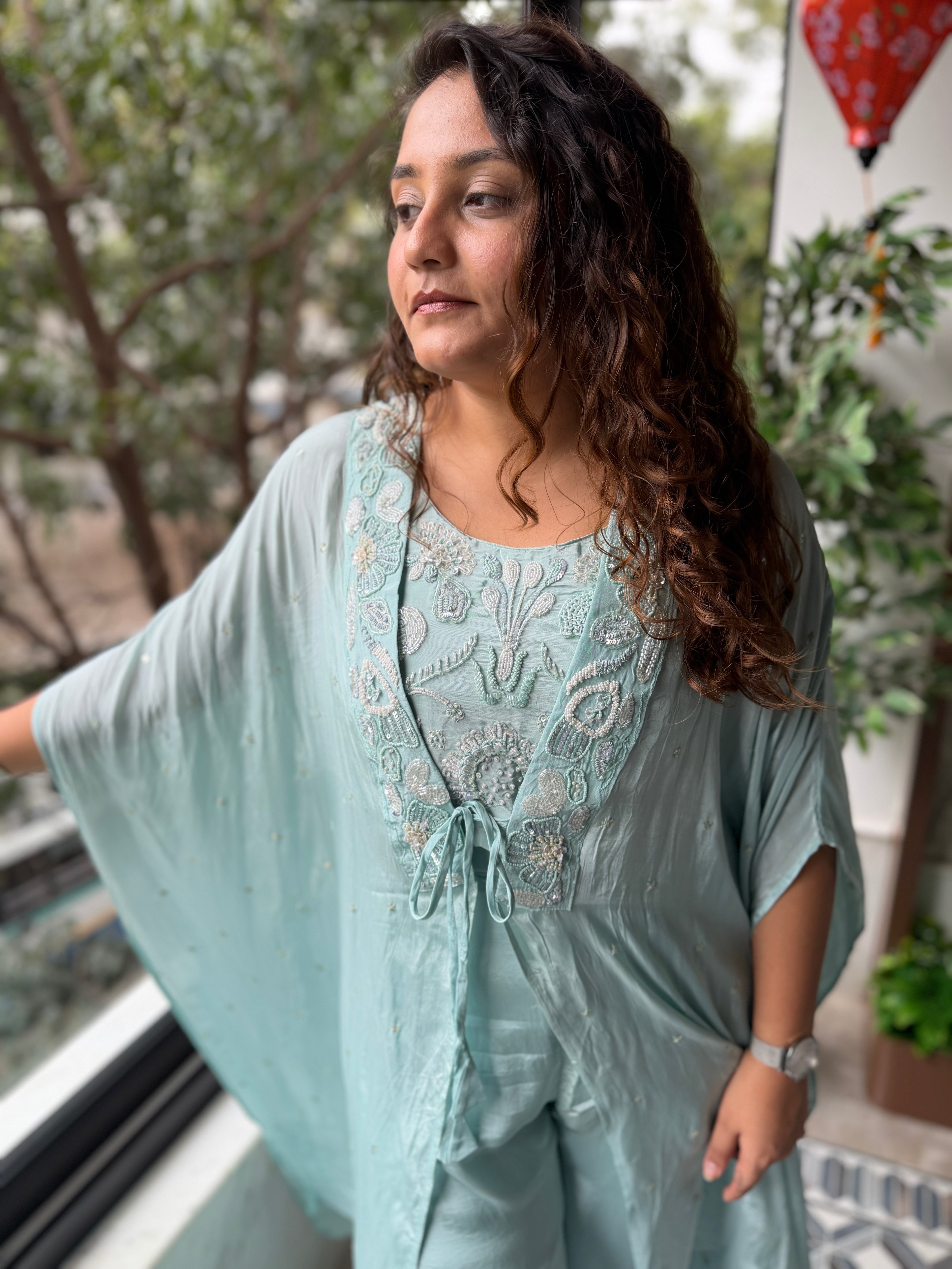 Mint Blue Embroidered Crop Top & Palazzo Set with Cape