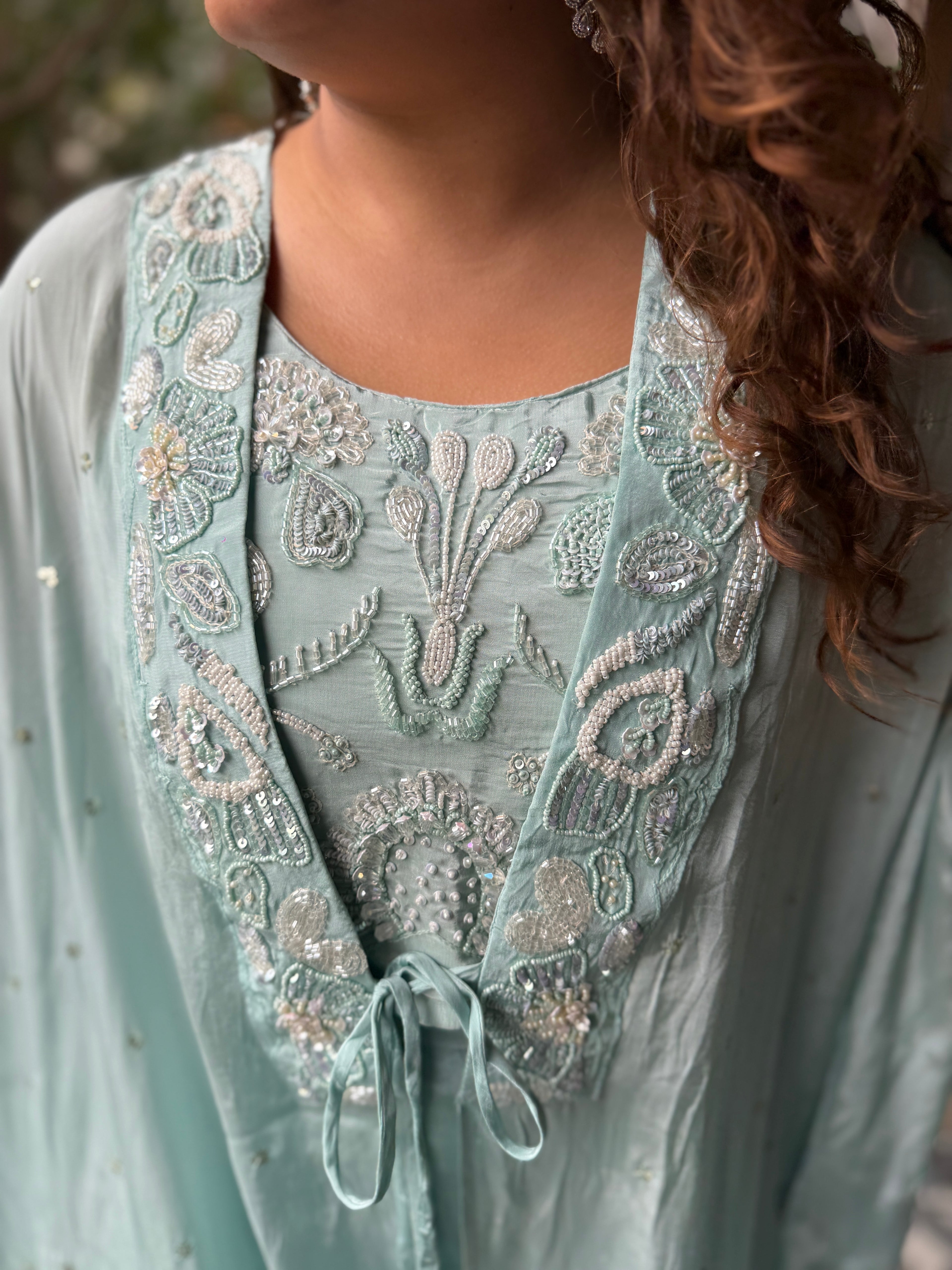 Mint Blue Embroidered Crop Top & Palazzo Set with Cape