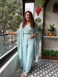 Mint Blue Embroidered Crop Top & Palazzo Set with Cape