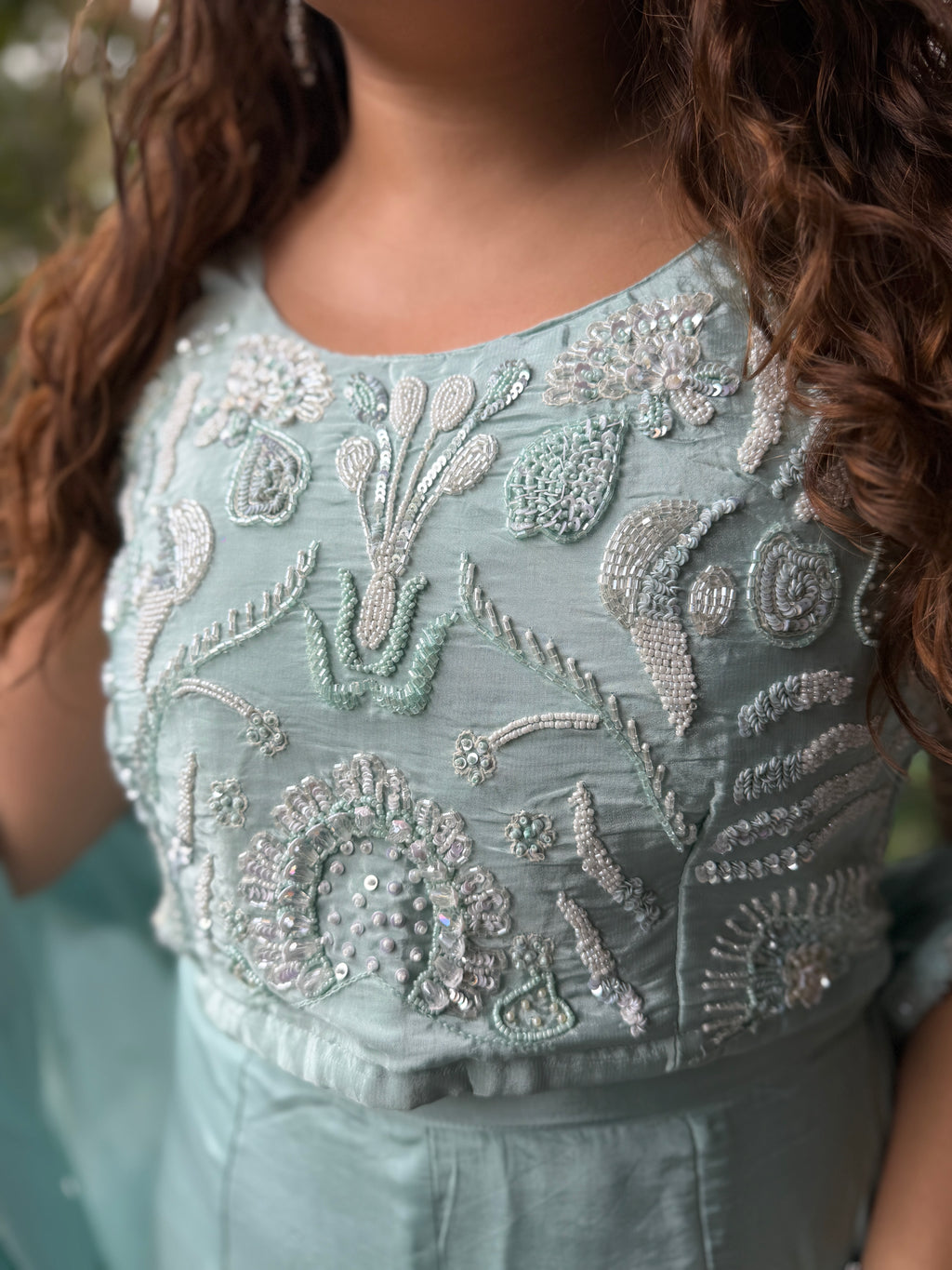 Mint Blue Embroidered Crop Top & Palazzo Set with Cape