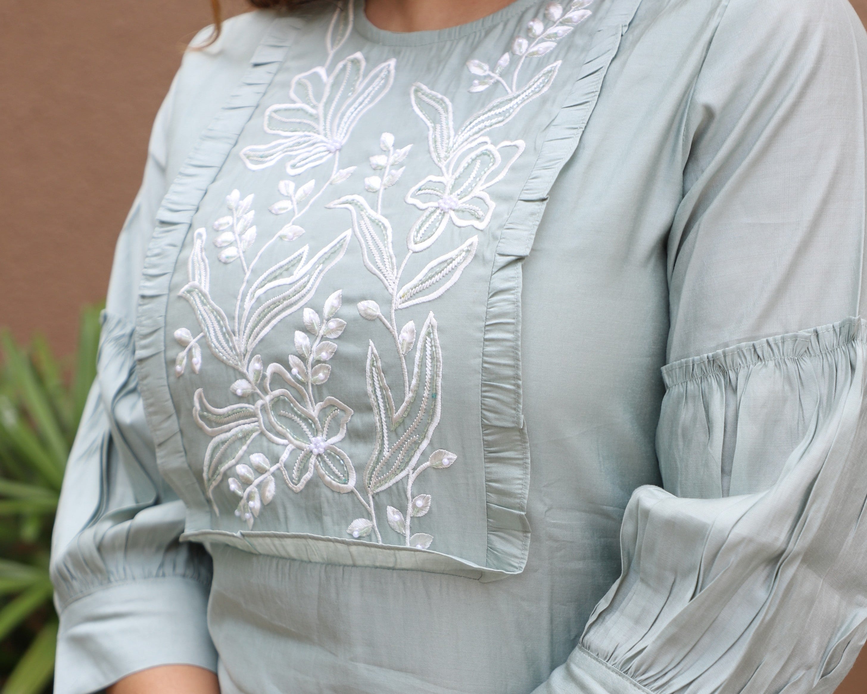 Dusty Sage Coord Set with White Thread Embroidery