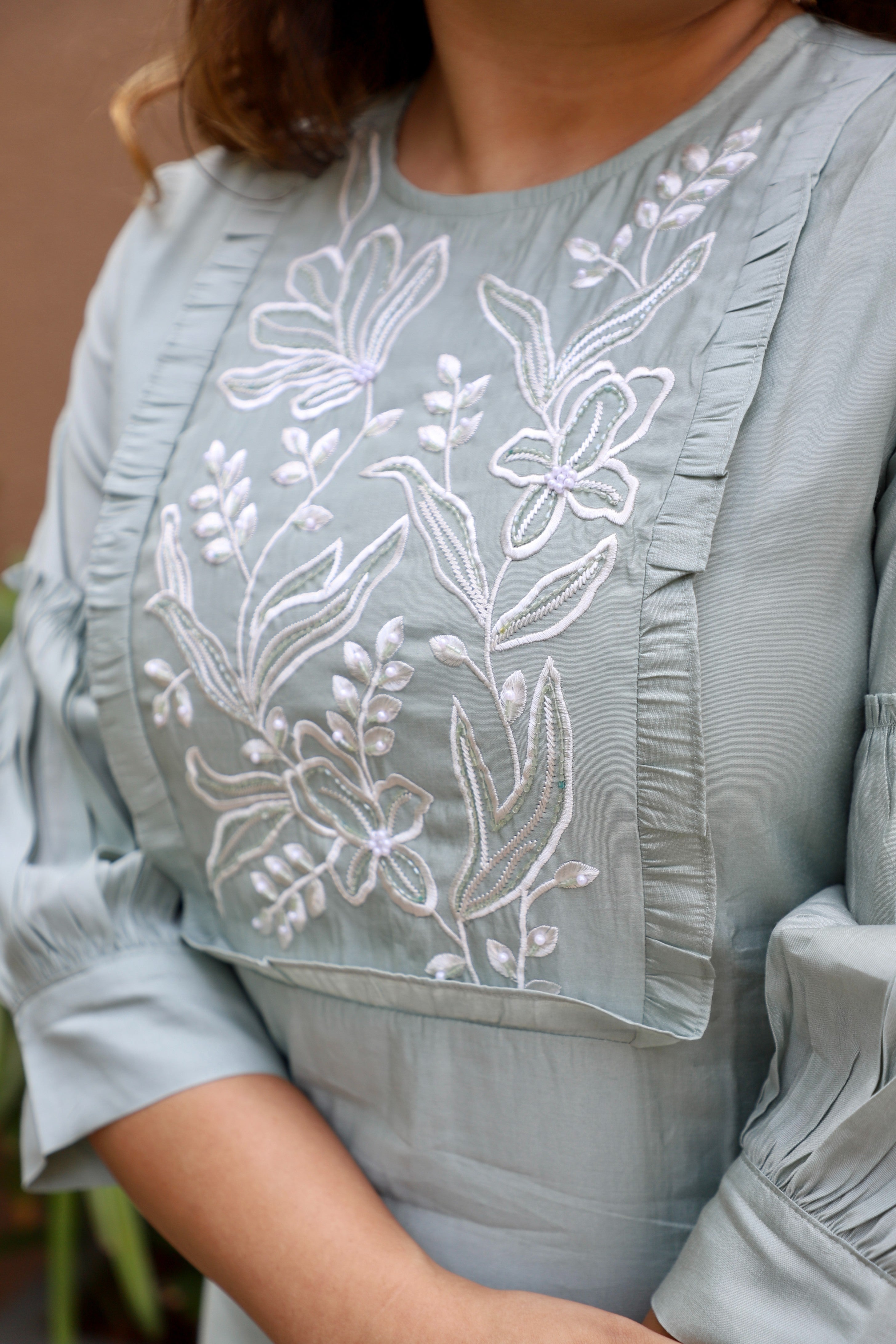 Dusty Sage Coord Set with White Thread Embroidery