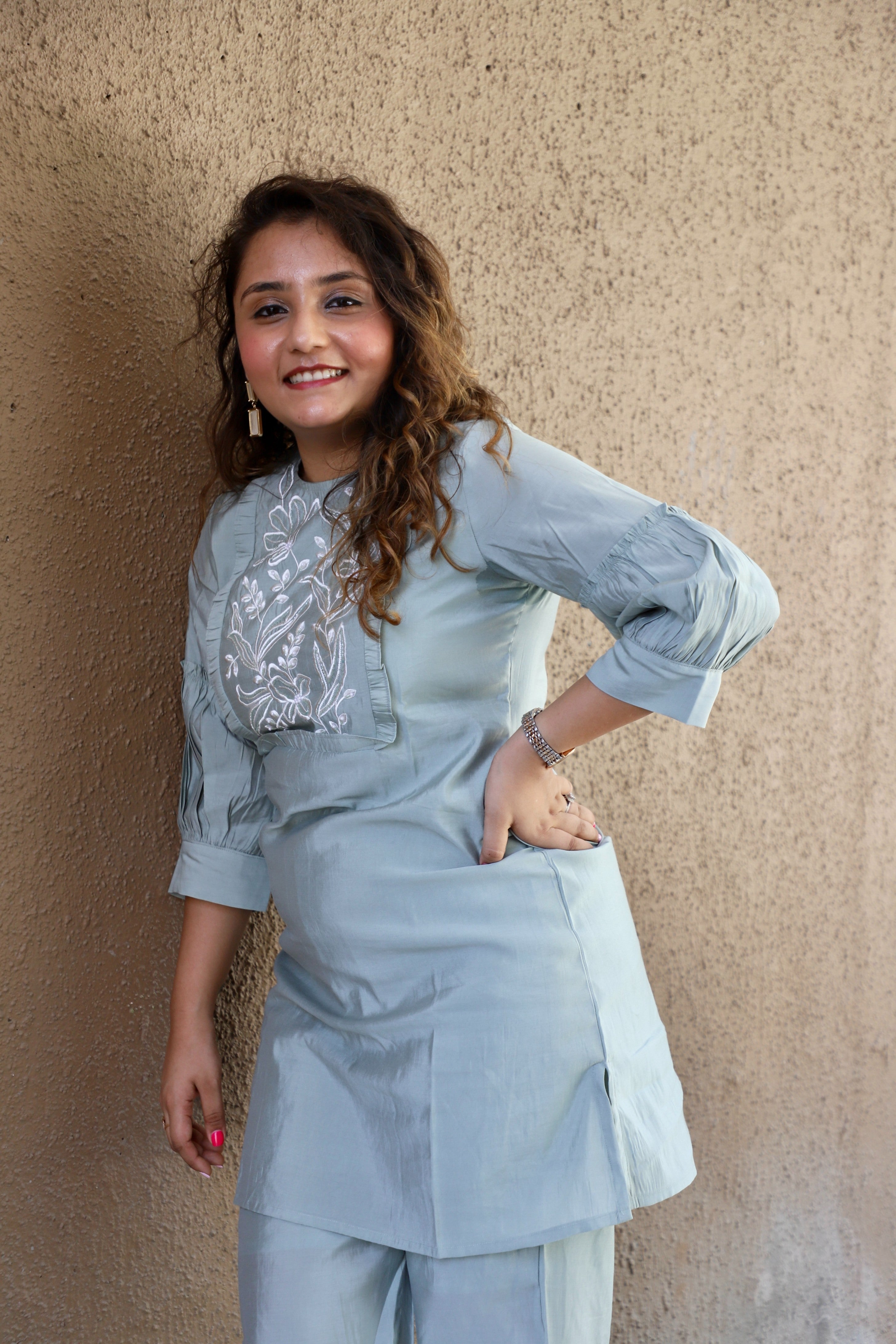 Dusty Sage Coord Set with White Thread Embroidery