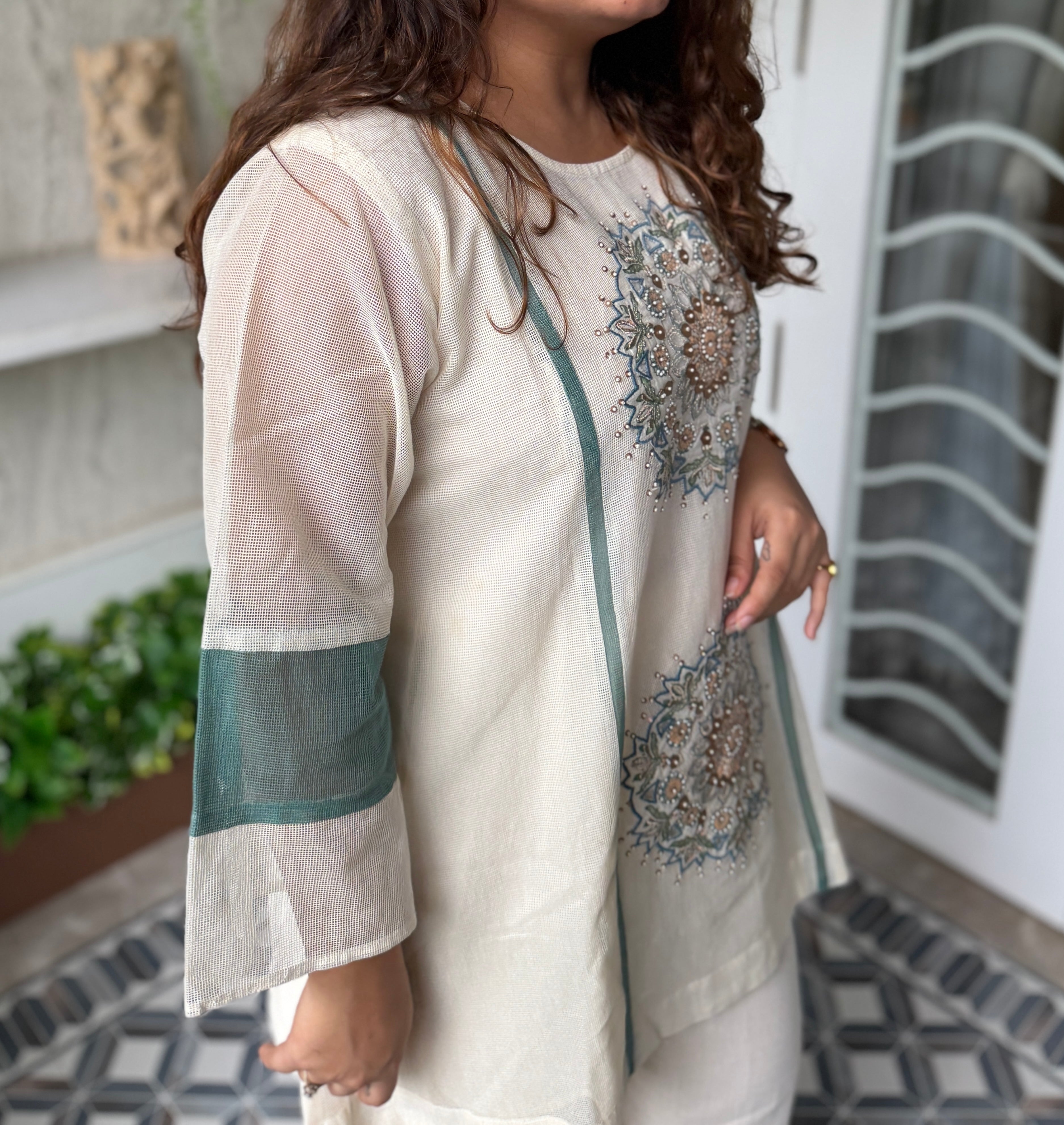 White Co-ord Set with Teal Blue Embroidery & Side Stripe Detailing