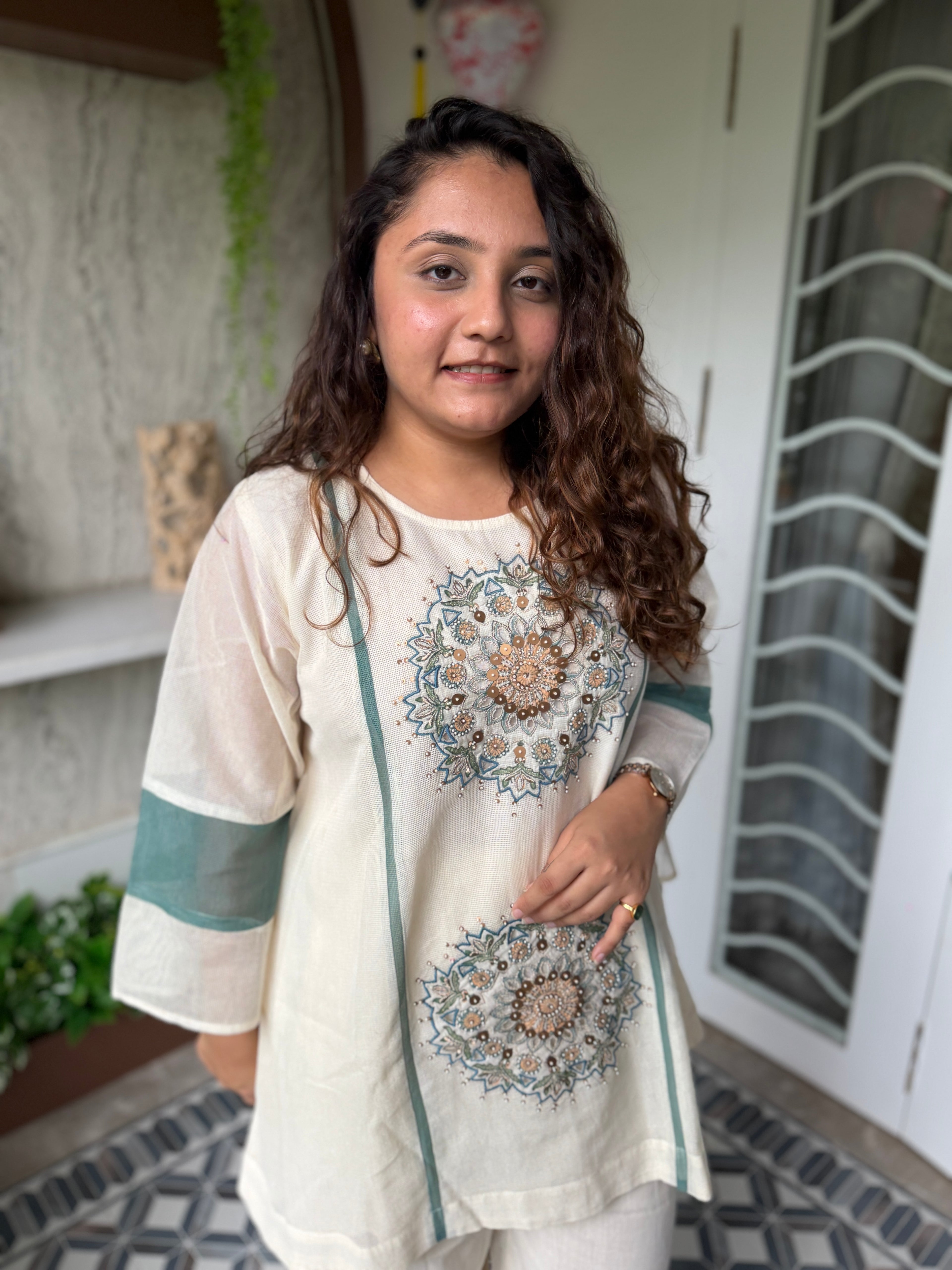 White Co-ord Set with Teal Blue Embroidery & Side Stripe Detailing