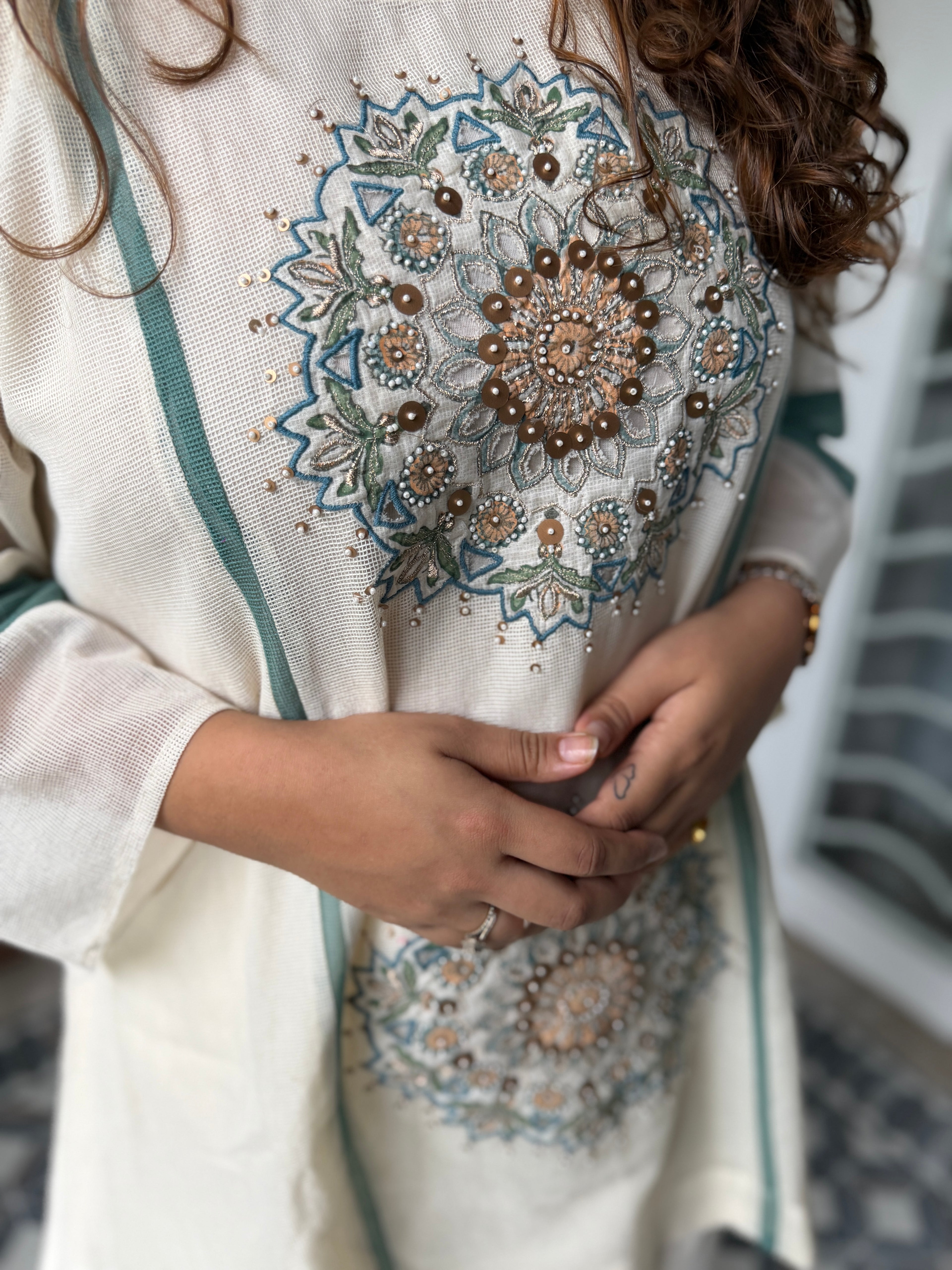 White Co-ord Set with Teal Blue Embroidery & Side Stripe Detailing